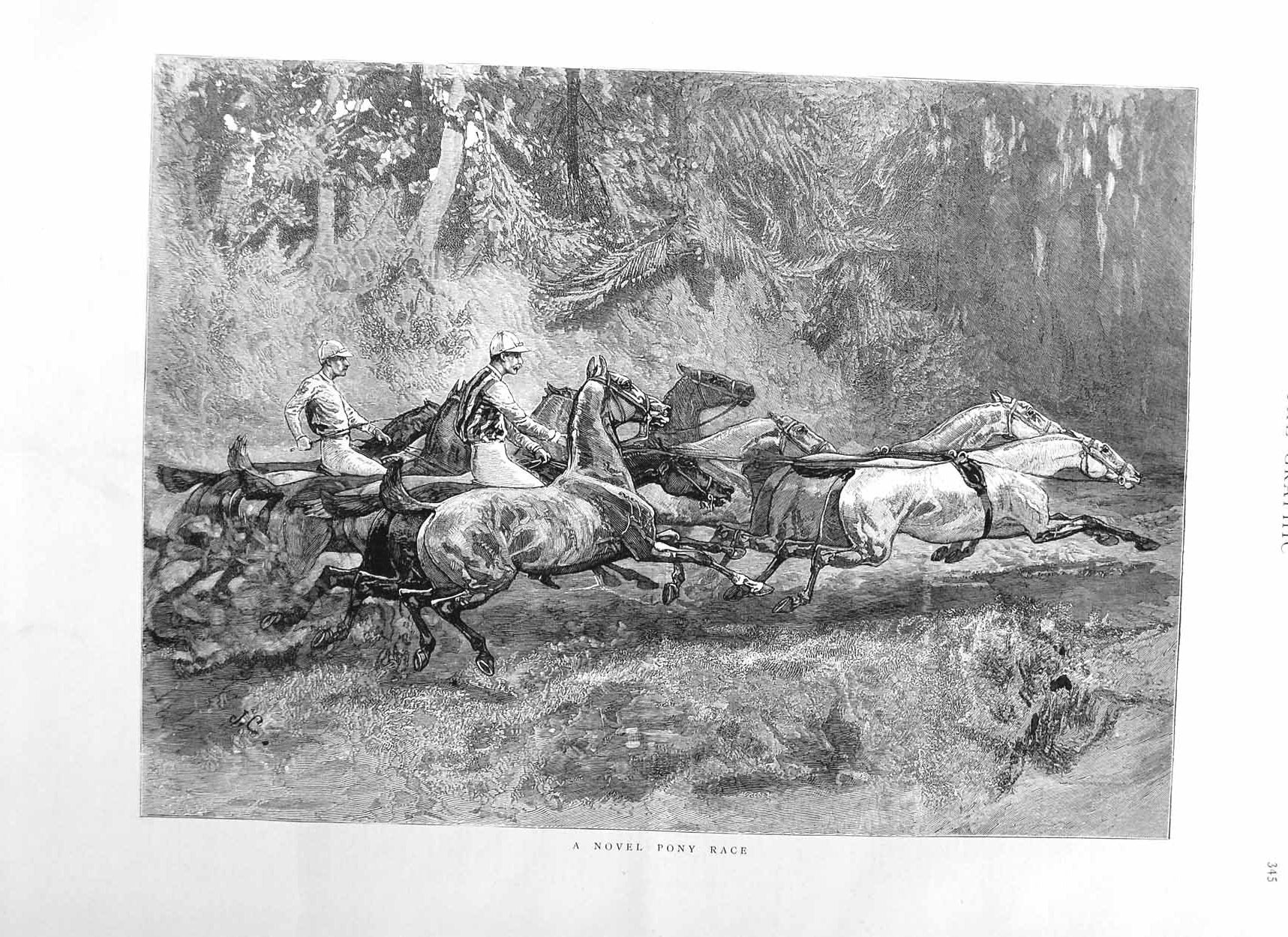 Old Antique Print 1885 Scene Novel Pony Race Jockeys Horse Racing Sport 19th