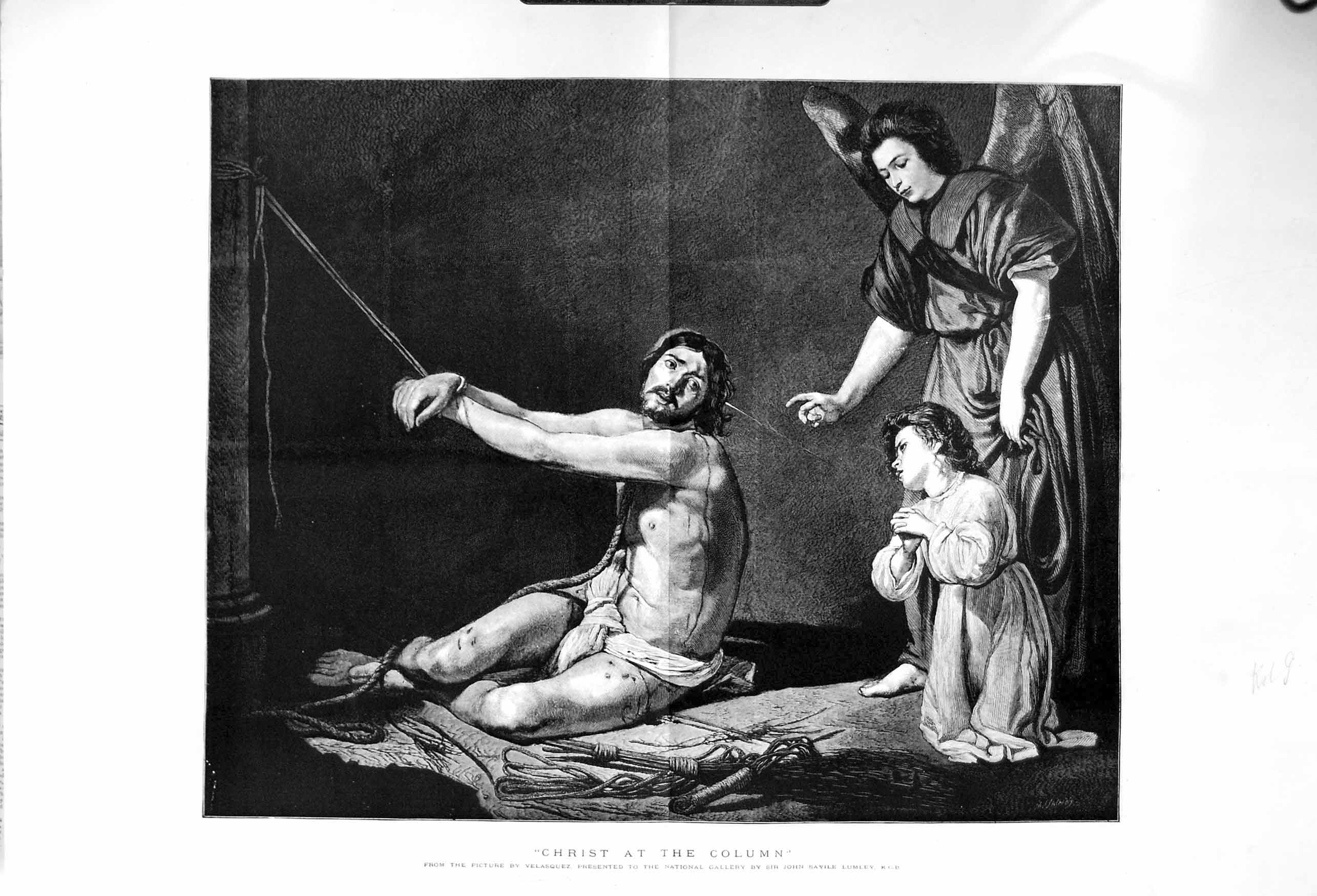 Old Antique Print 1885 Scene Jesus Christ Tied Column Velasquez Fine Art 19th