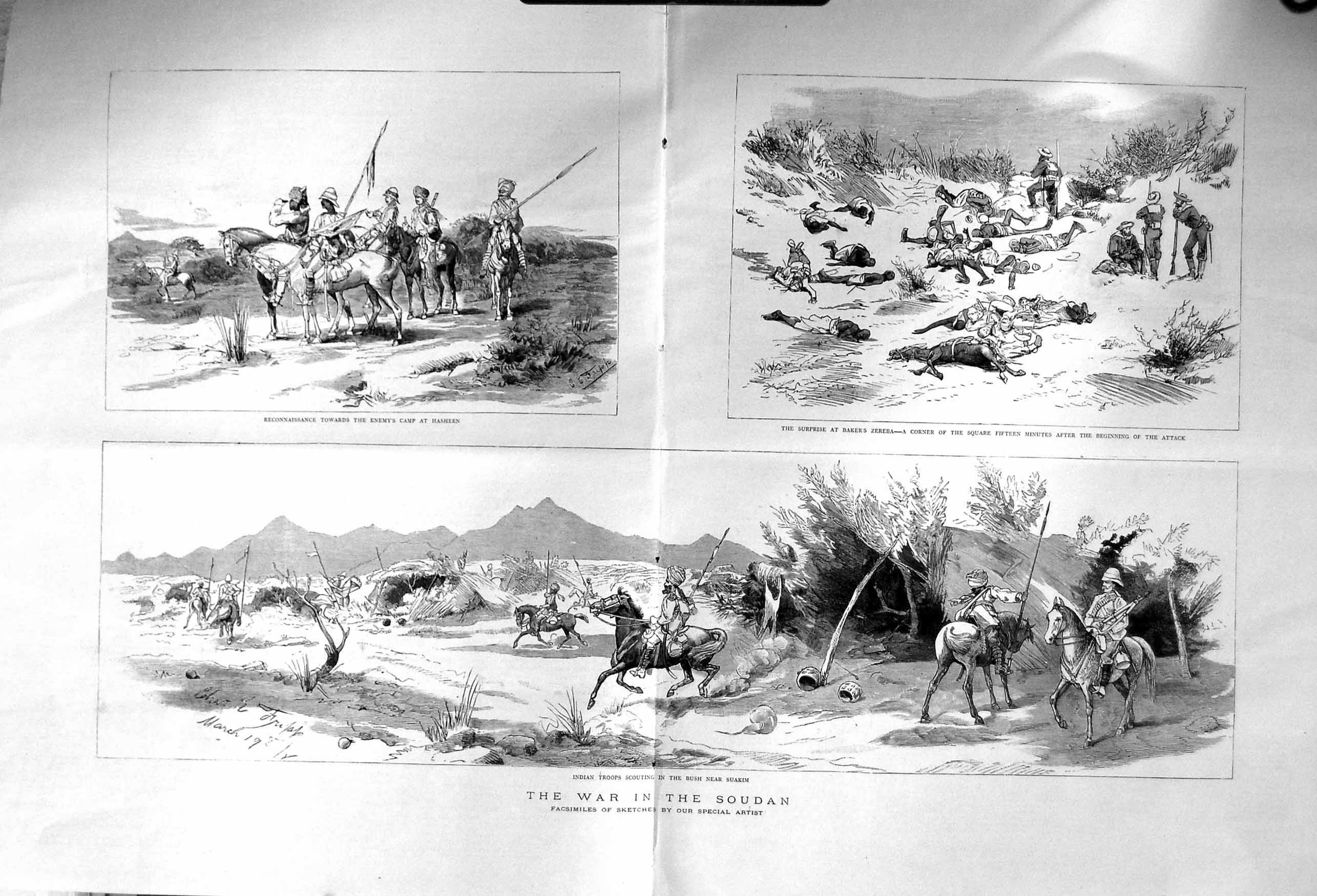 Original Old Antique Print 1885 War Soudan Indian Siers Suakim Hasheen Zereba