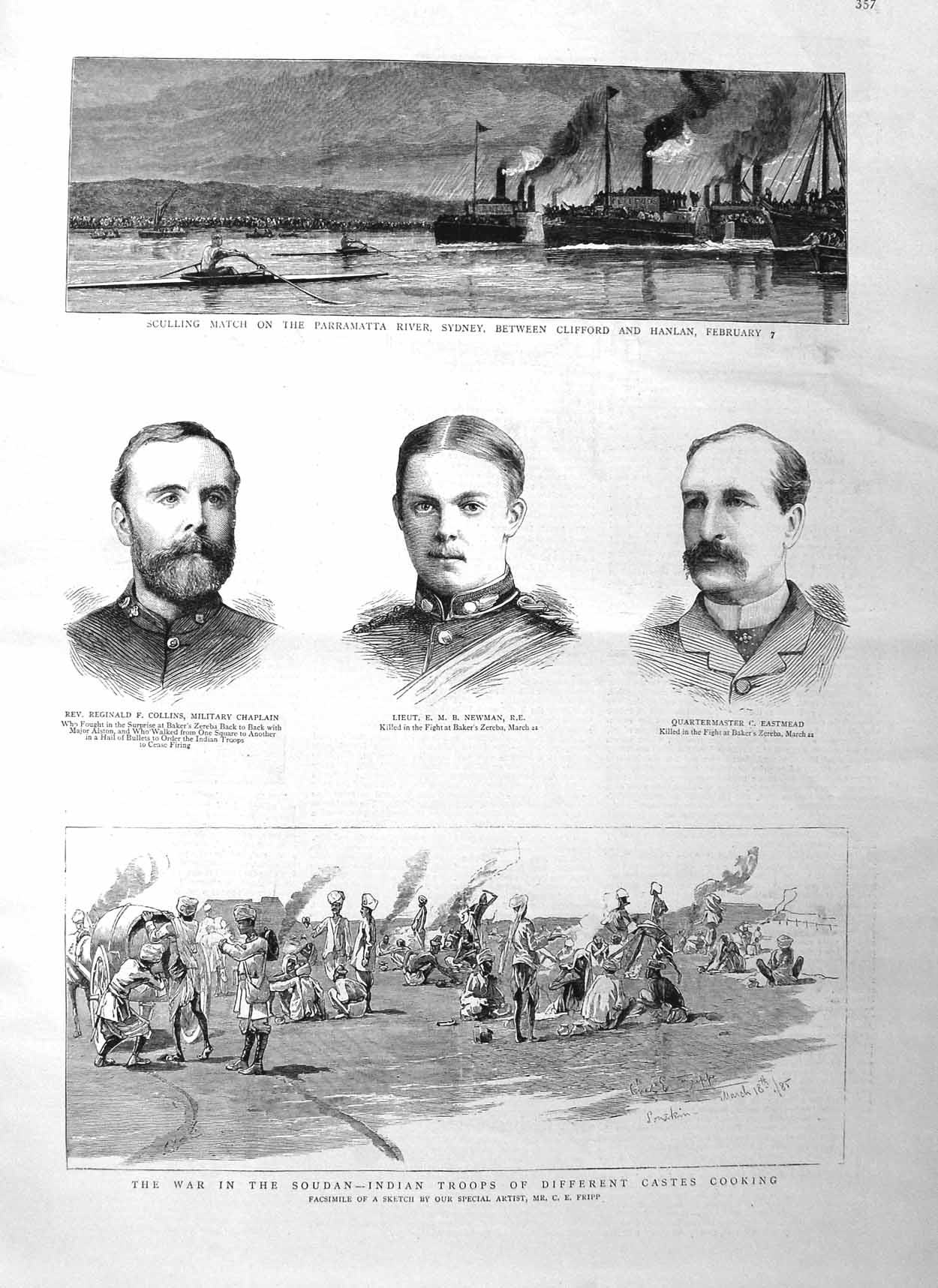 Original Old Antique Print 1885 War Soudan Castes Cooking Newman Sculling Boats