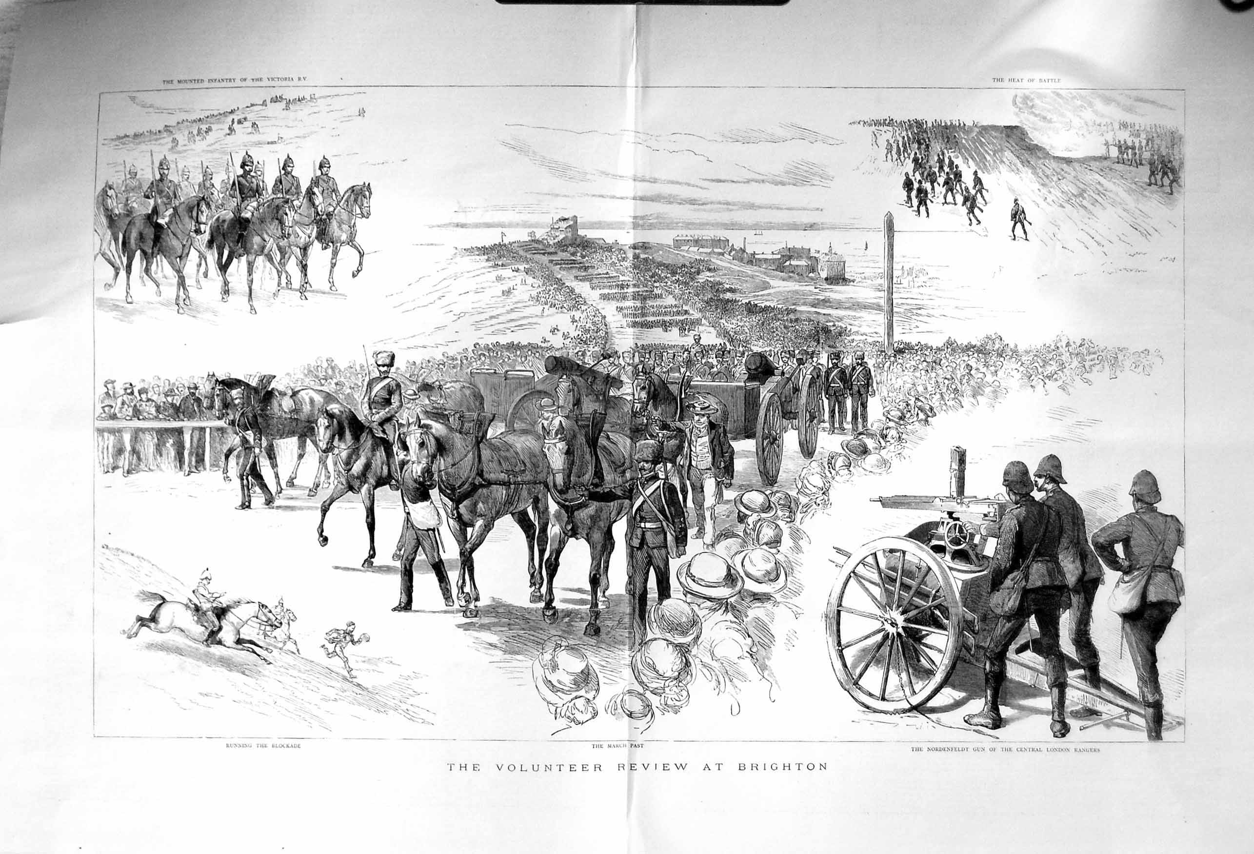 Old Antique Print 1885 Volunteer Review Brighton Siers War Nordenfeldt 19th