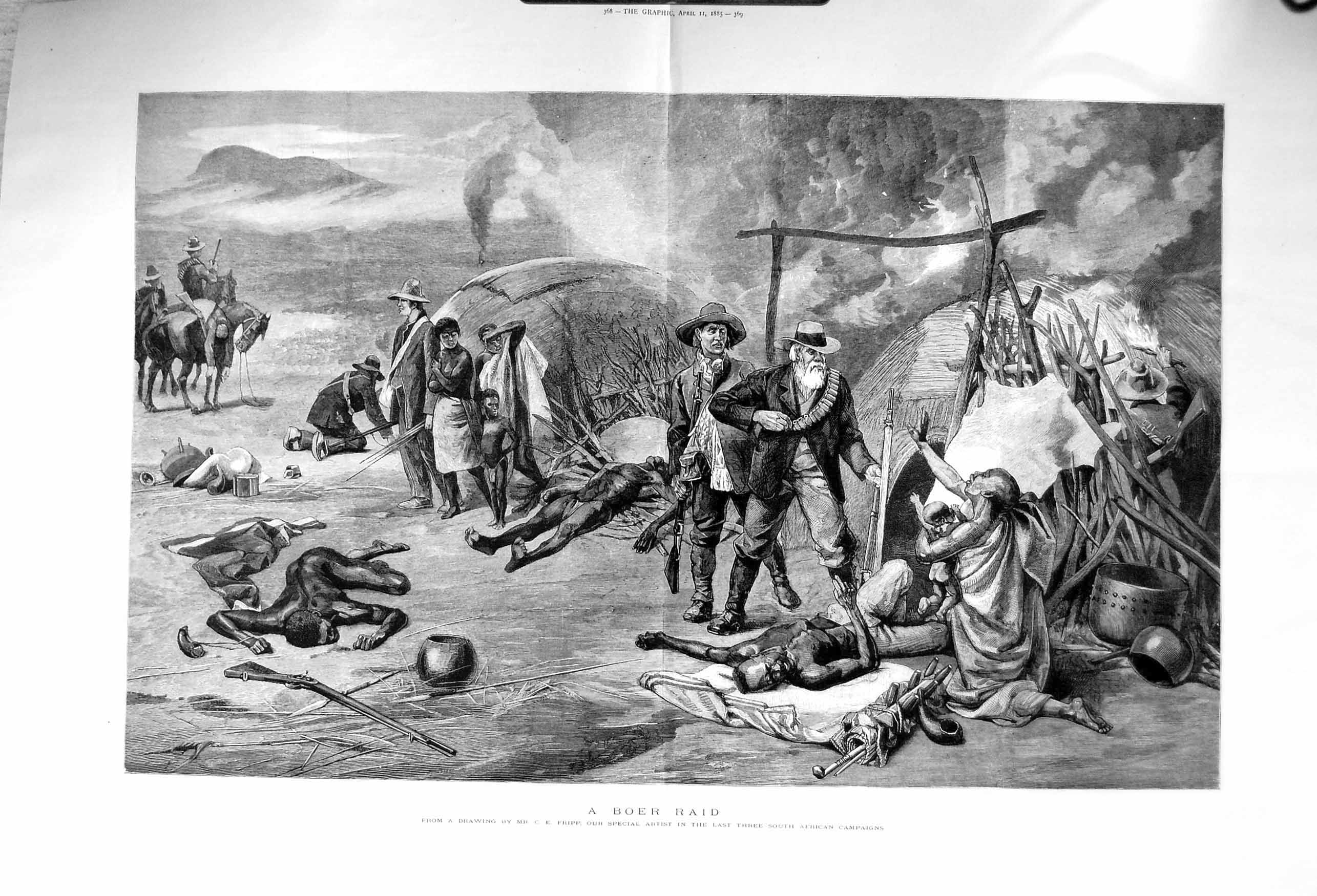 Original Old Antique Print 1885 Boer Raid Natives Africa Dead People War F 19th