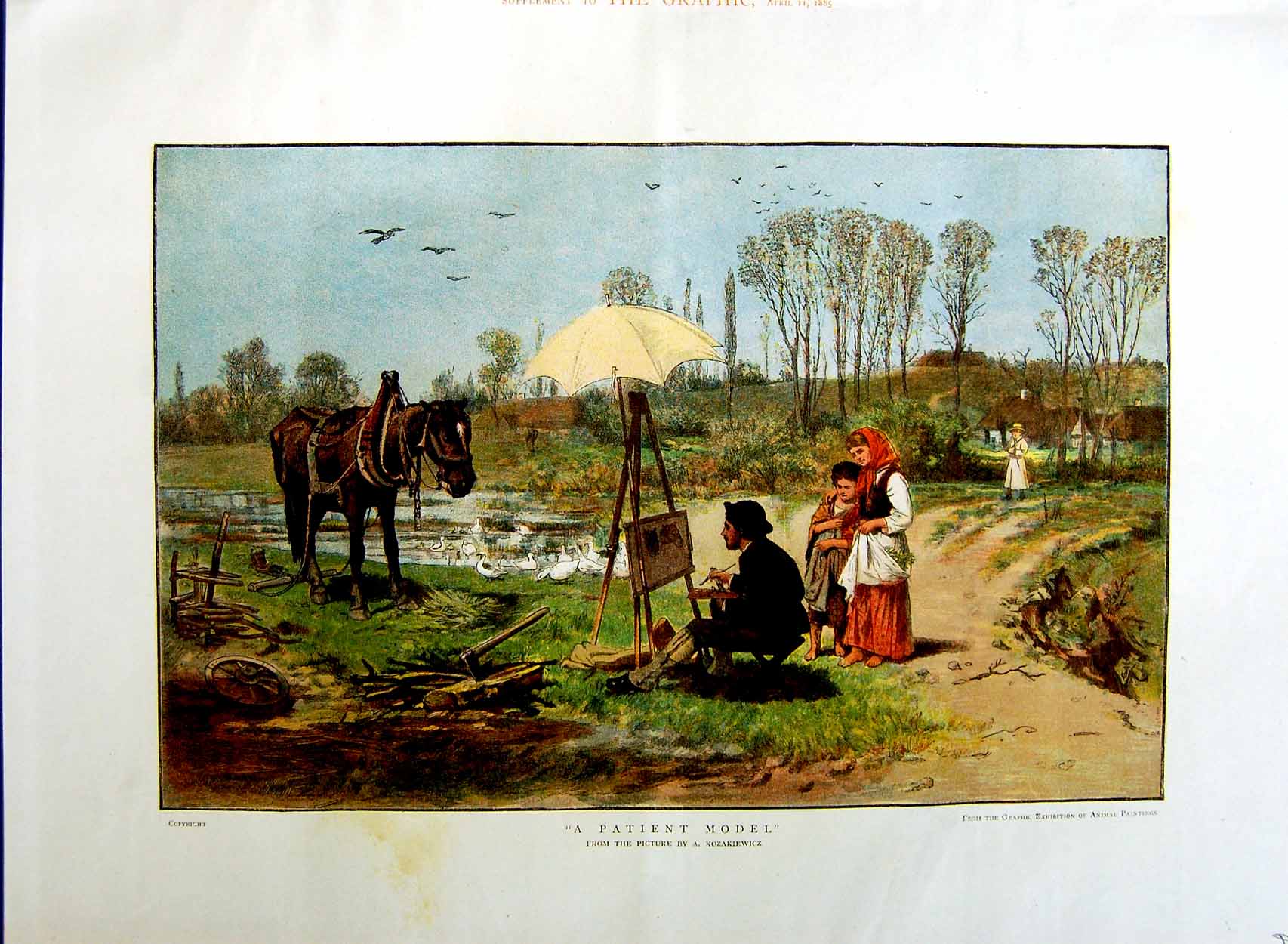 Original Old Antique Print 1885 Colour Artist Country Horse Geese Painting