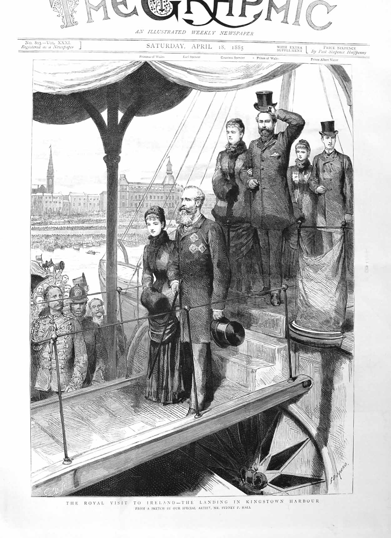 Original Old Antique Print 1885 Royal Visit Ireland Ship Kingstown Harbour Art