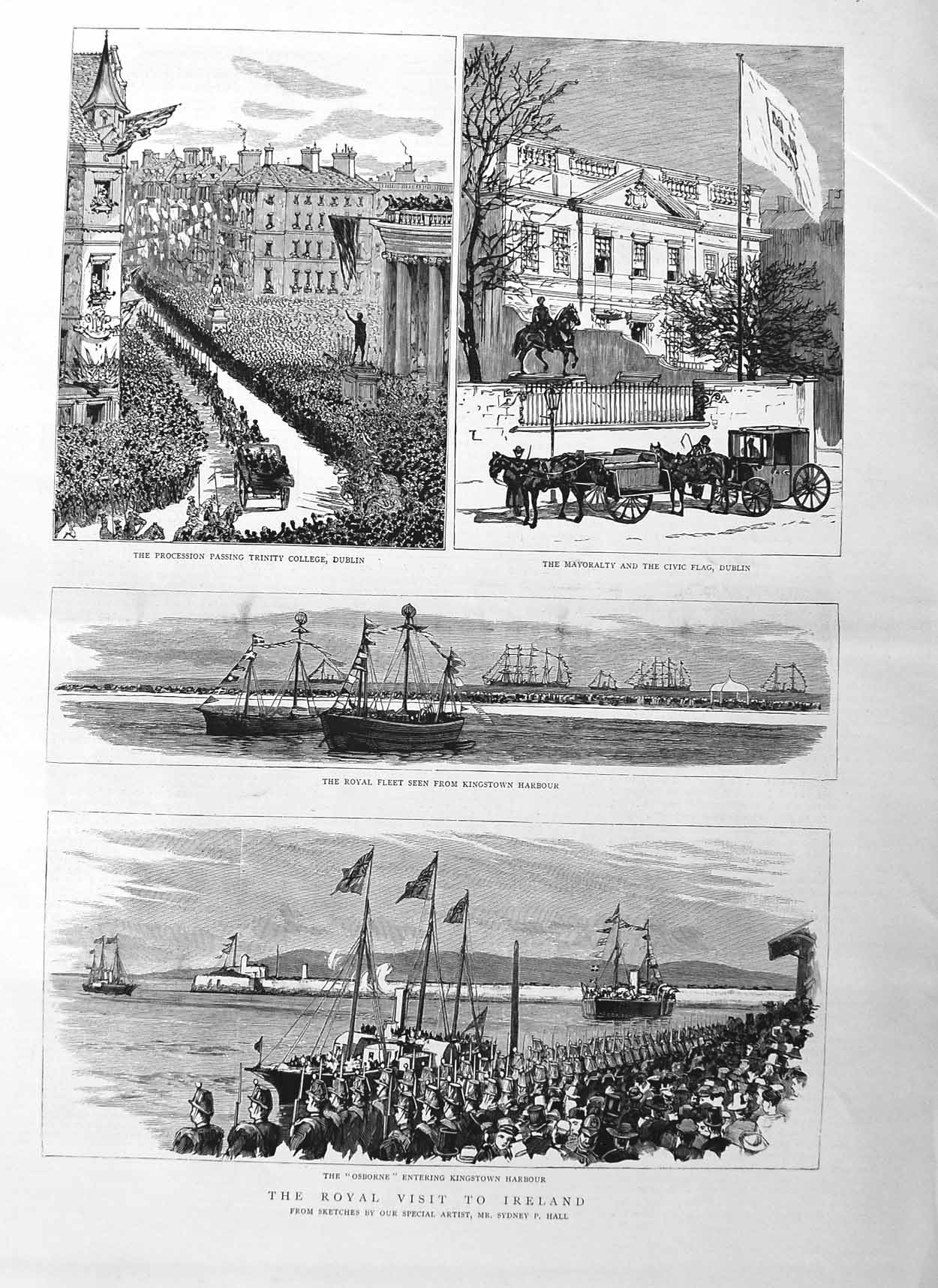 Old Antique Print 1885 Osborne Ship Ireland Royal Visit Trinity College 19th