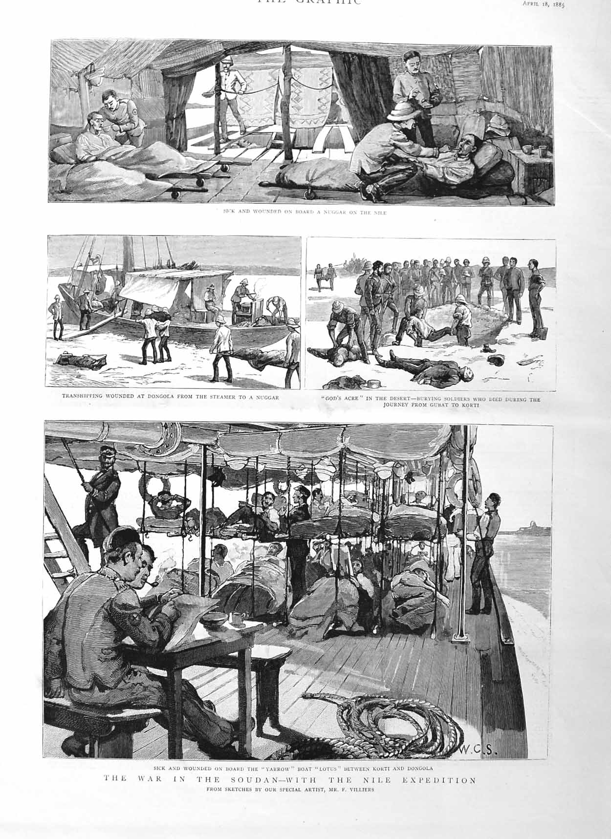 Original Old Antique Print 1885 War Soudan Nile Sick Siers Yarrow Lotus Nuggar