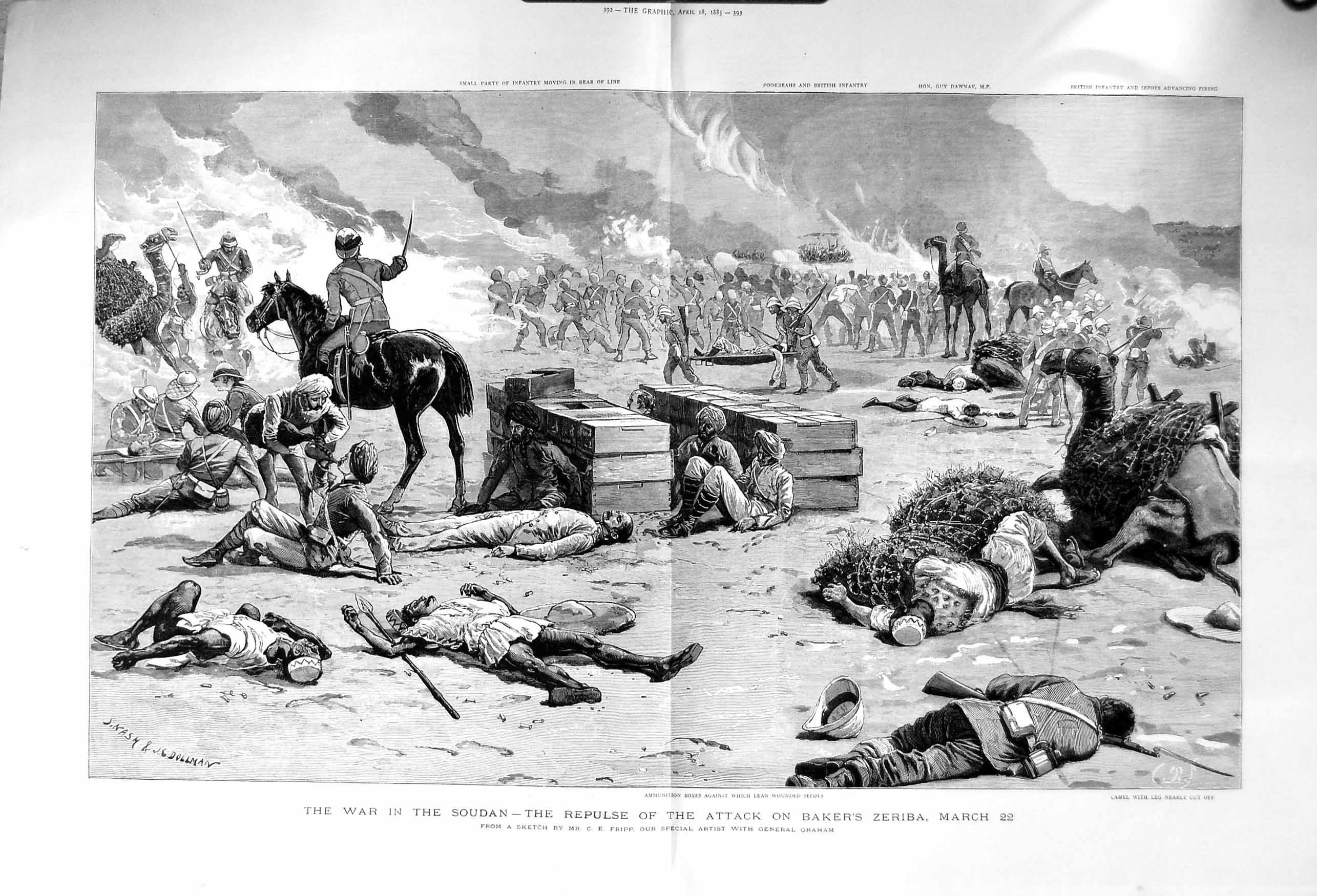 Original Old Antique Print 1885 War Soudan Attack Bakers Zeriba Wounded Sepoys