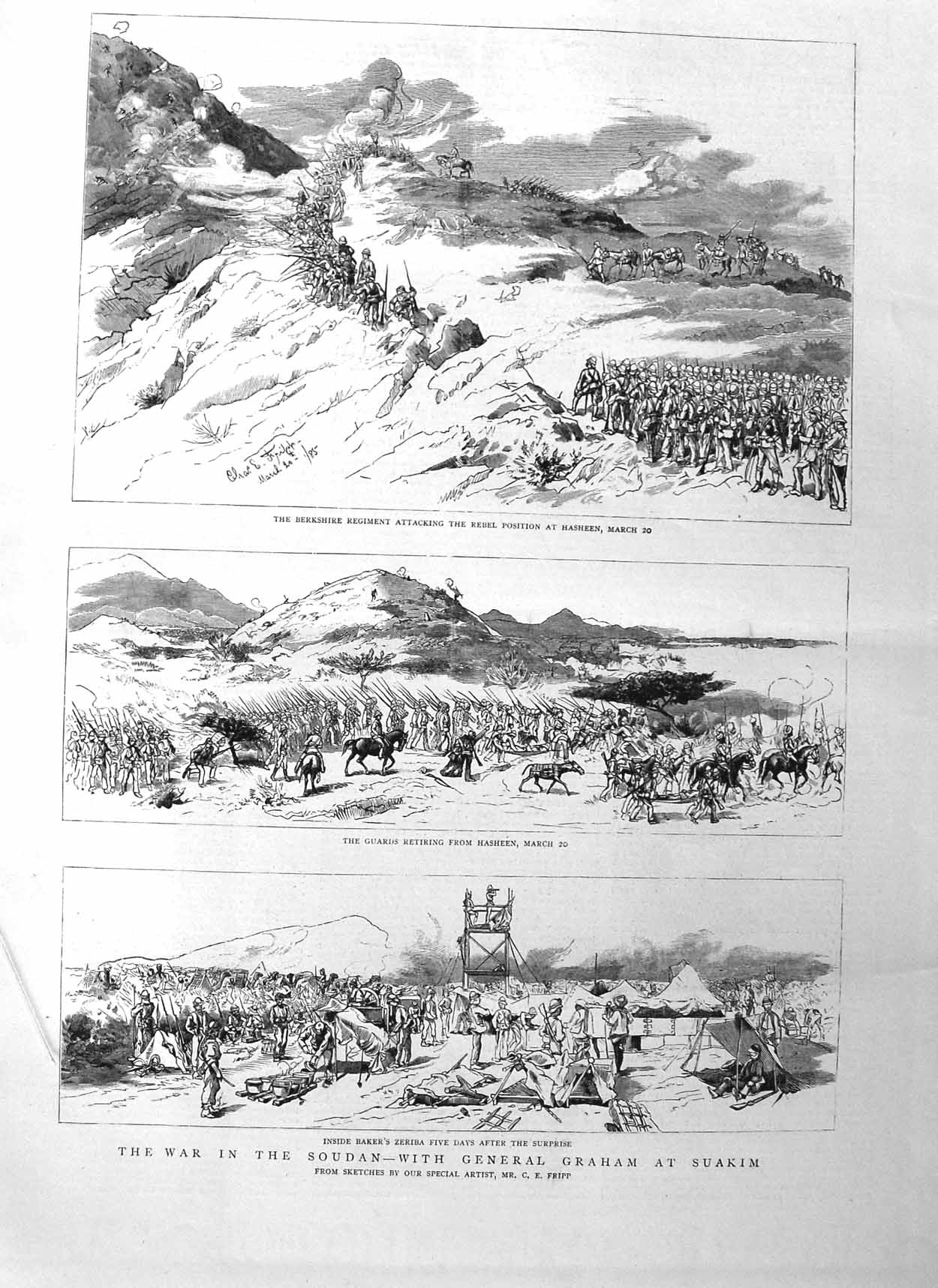 Original Old Antique Print 1885 War Soudan Graham Suakim Berkshire Army Hasheen