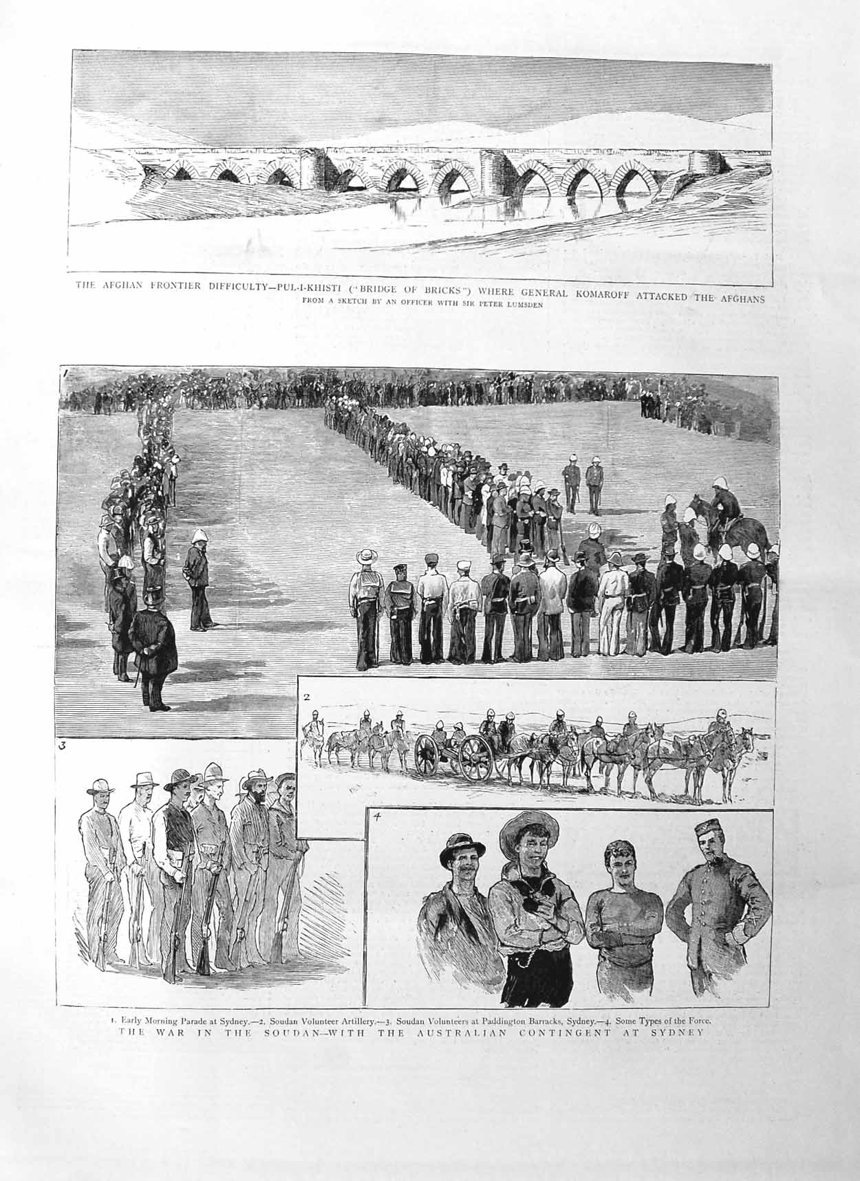 Original Old Antique Print 1885 War Soudan Sydney Afghan Bridge Bricks Komaroff