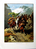 Original Old Antique Print 1885 Colour Horses Highwaymen Mountains Raid 19th