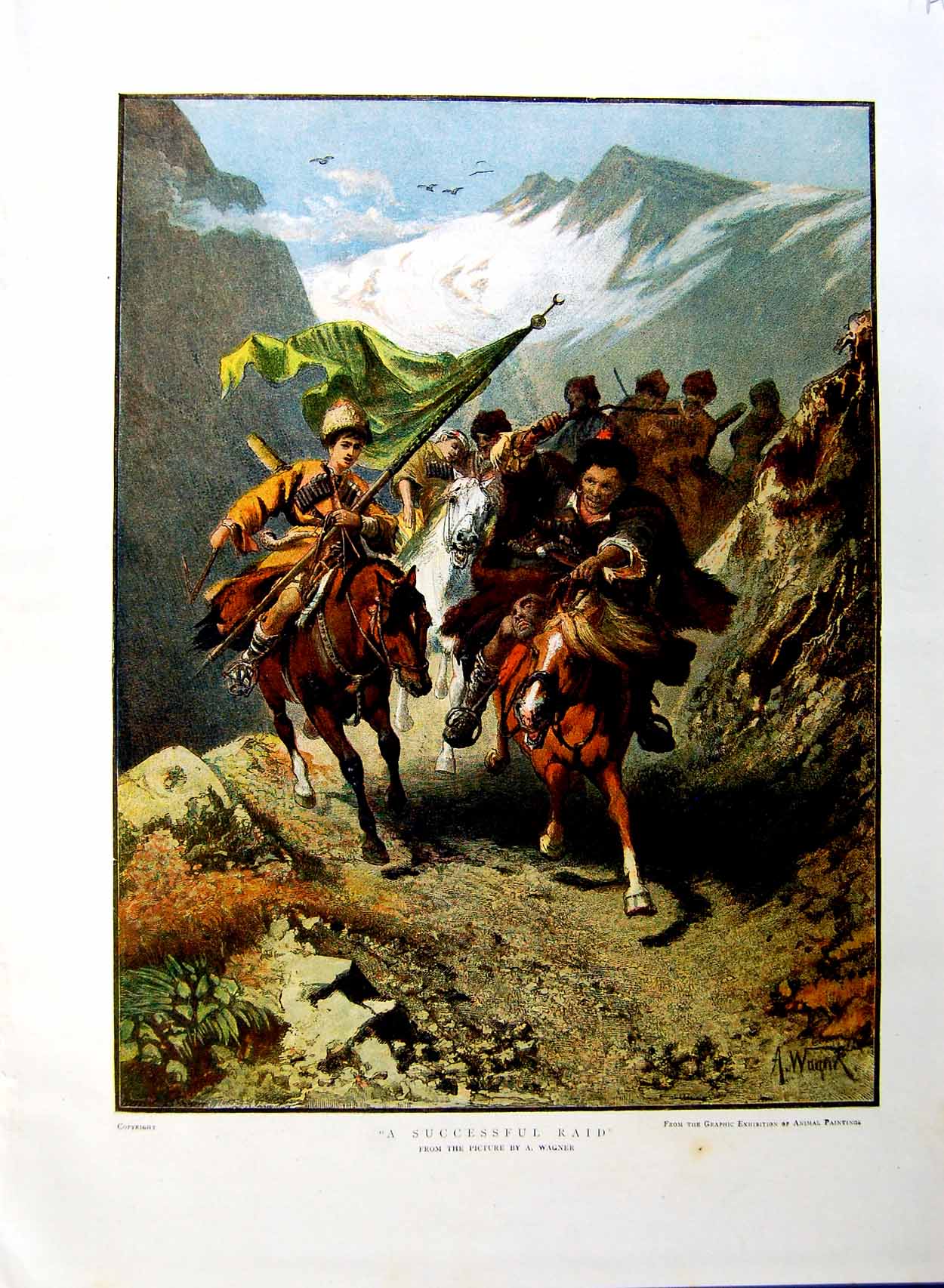 Original Old Antique Print 1885 Colour Horses Highwaymen Mountains Raid 19th