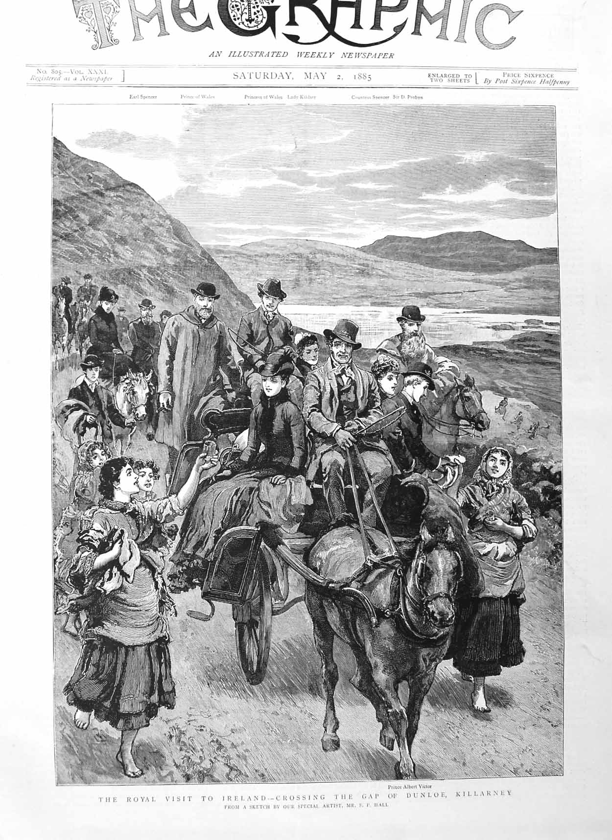 Original Old Antique Print 1885 Prince Alber Victor Ireland Dunloe Killar 19th