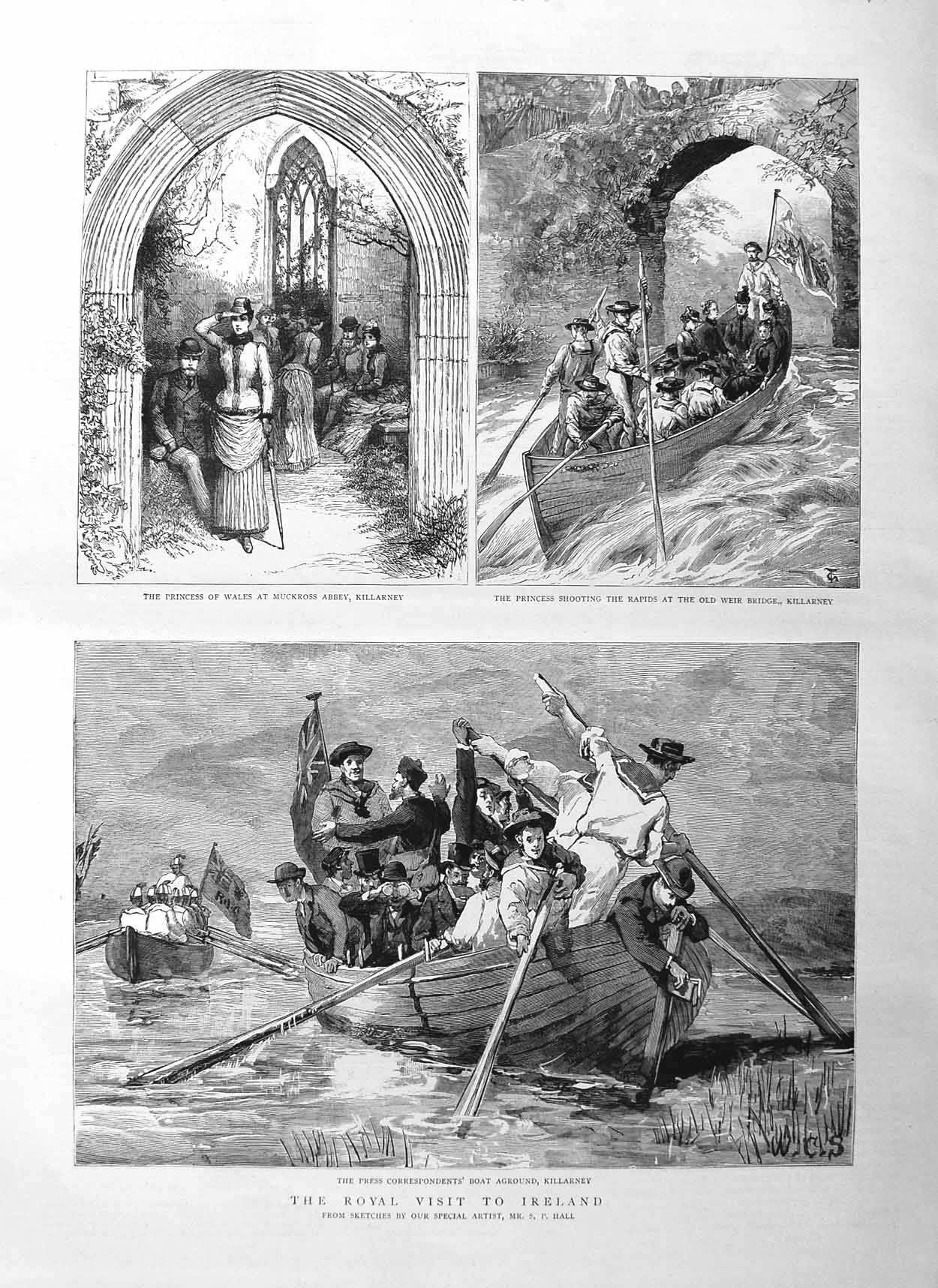Old Antique Print 1885 Princess Wales Ireland Killarney Abbey Boat River 19th