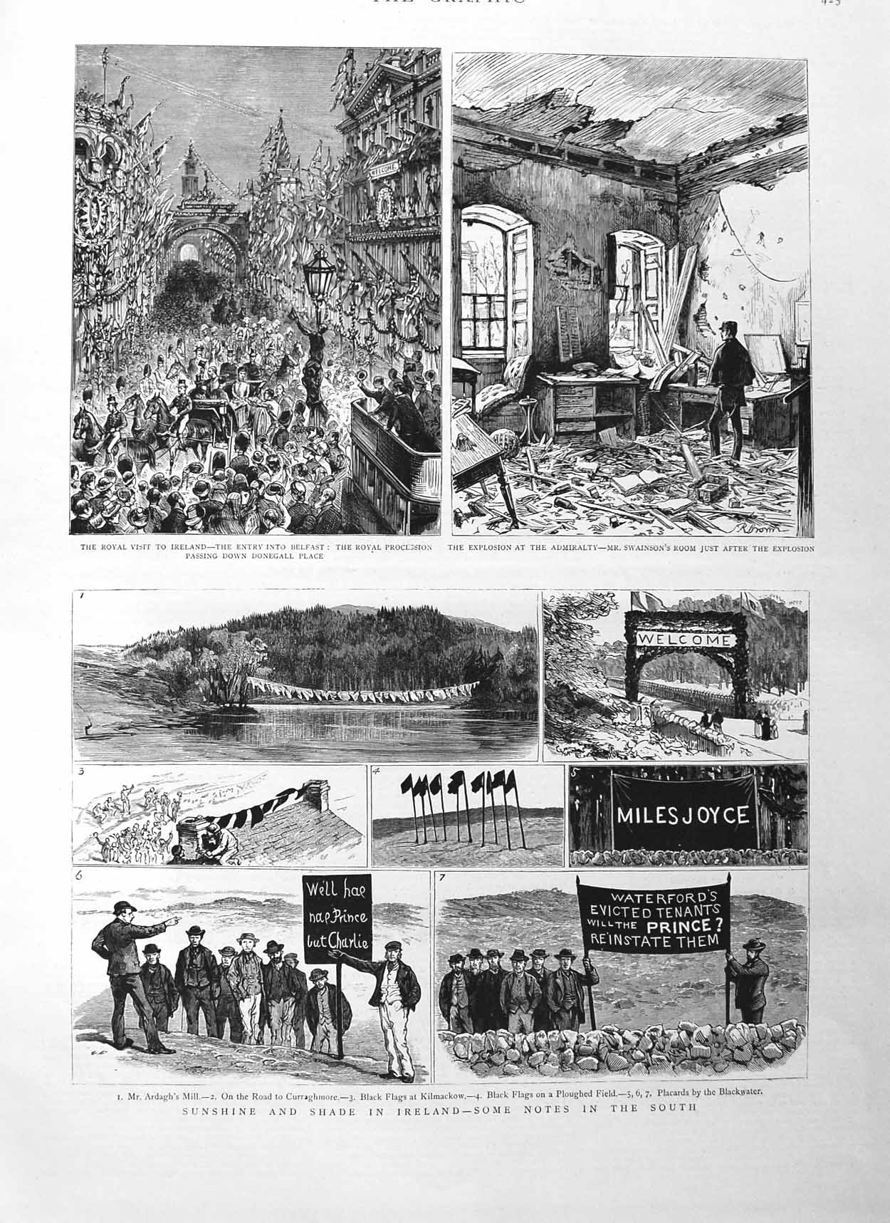 Original Old Antique Print 1885 Ireland Ardagh Mill Flags Kilmackow Belfast War