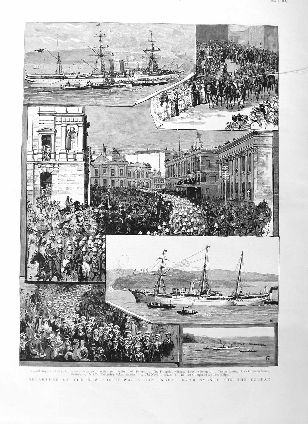 Old Antique Print 1885 Australia Lord Augustus Loftus Ships Iberia Army 19th