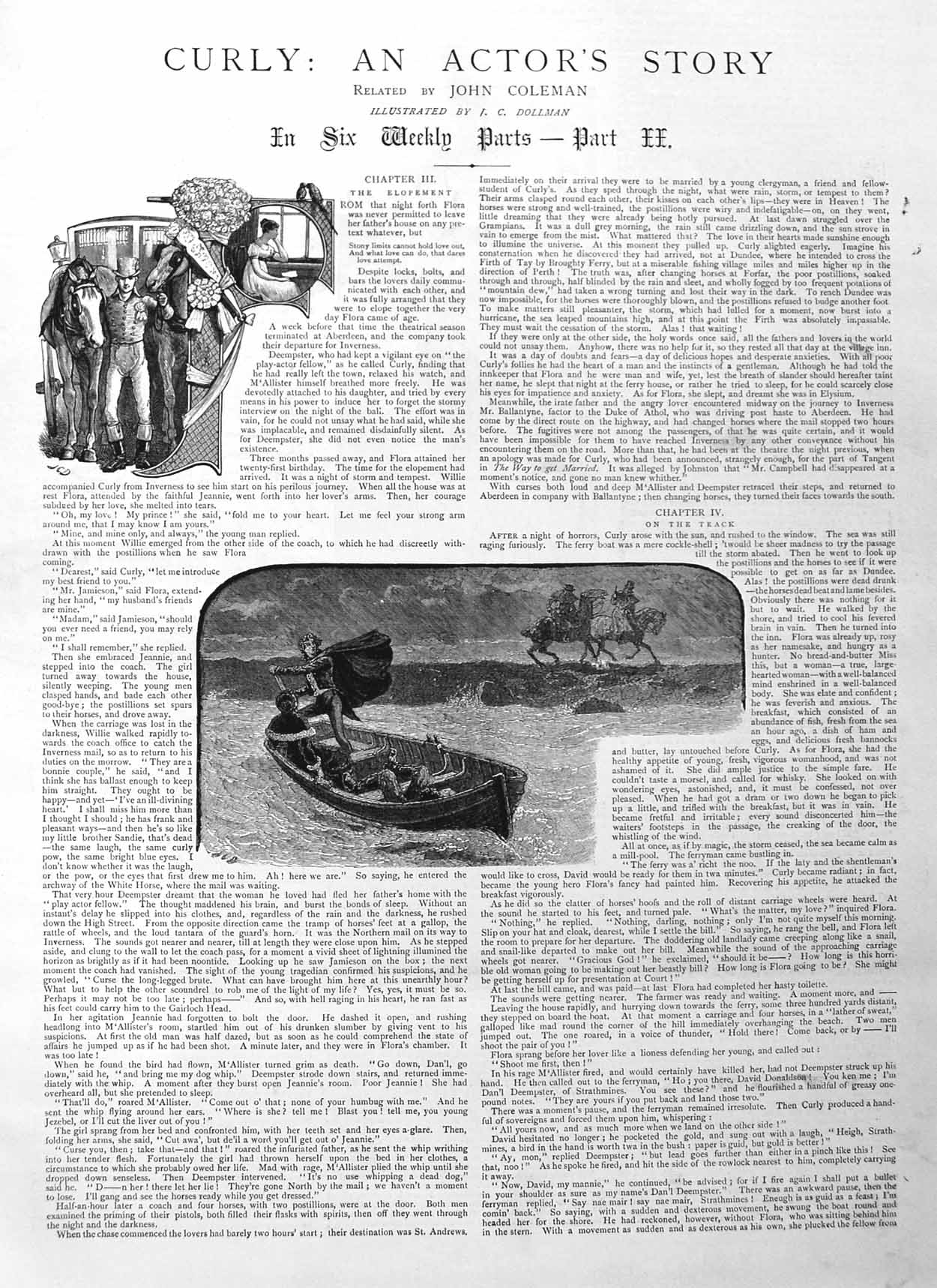 Old Antique Print 1885 Illustration Story Curly Horses Stormy River Boat 19th
