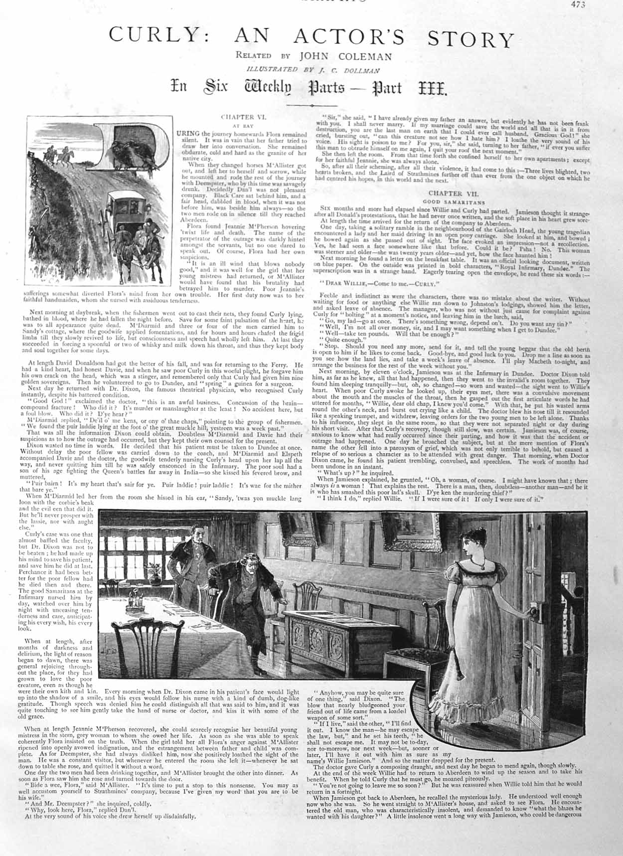 Old Antique Print 1885 Illustration Story Curly Horses Coach Dinner Table 19th