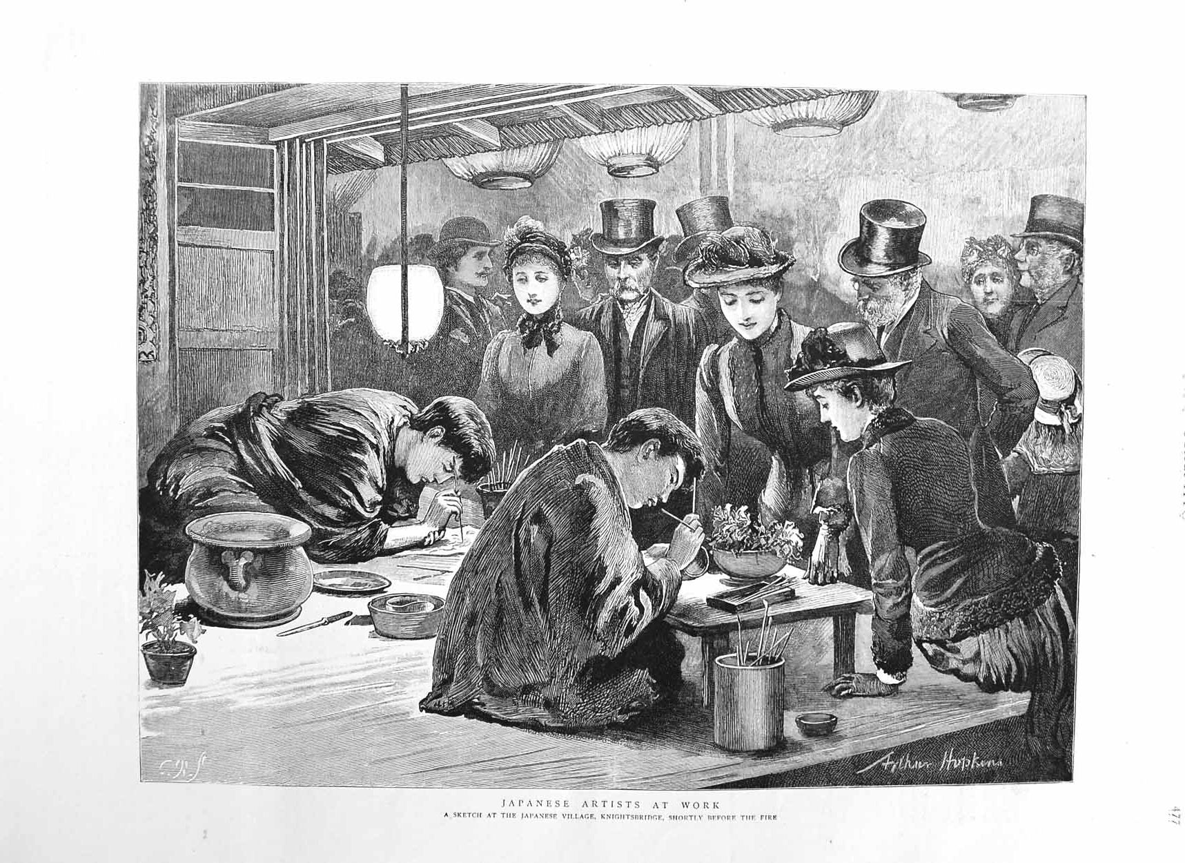 Original Old Antique Print 1885 Japanese Artists Village Knightsbridge F 19th