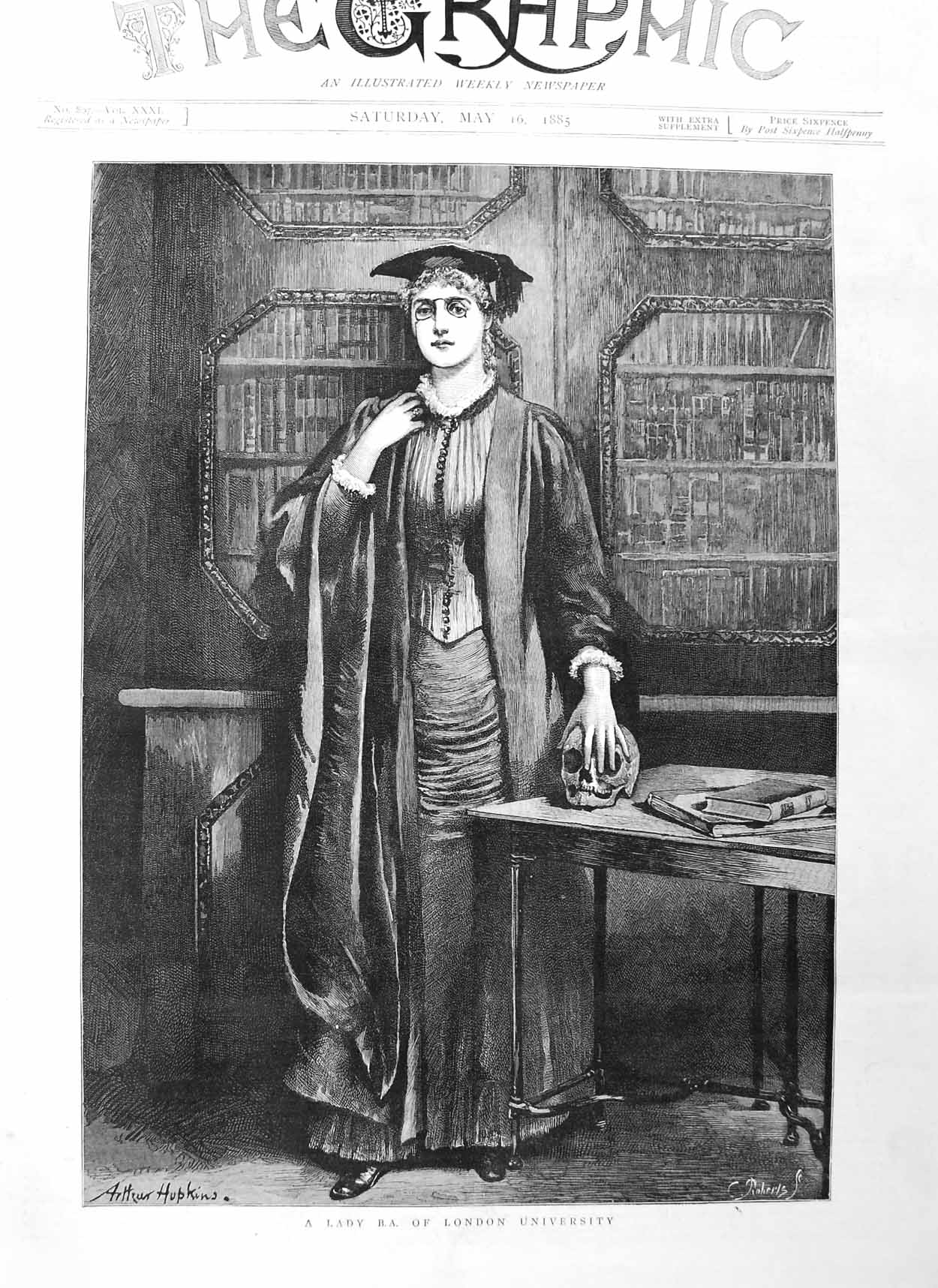 Original Old Antique Print 1885 Portrait Lady B.A. London University Art 19th