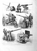 Original Old Antique Print 1885 Machine Guns Exhibition Kensington Nordenfeldt