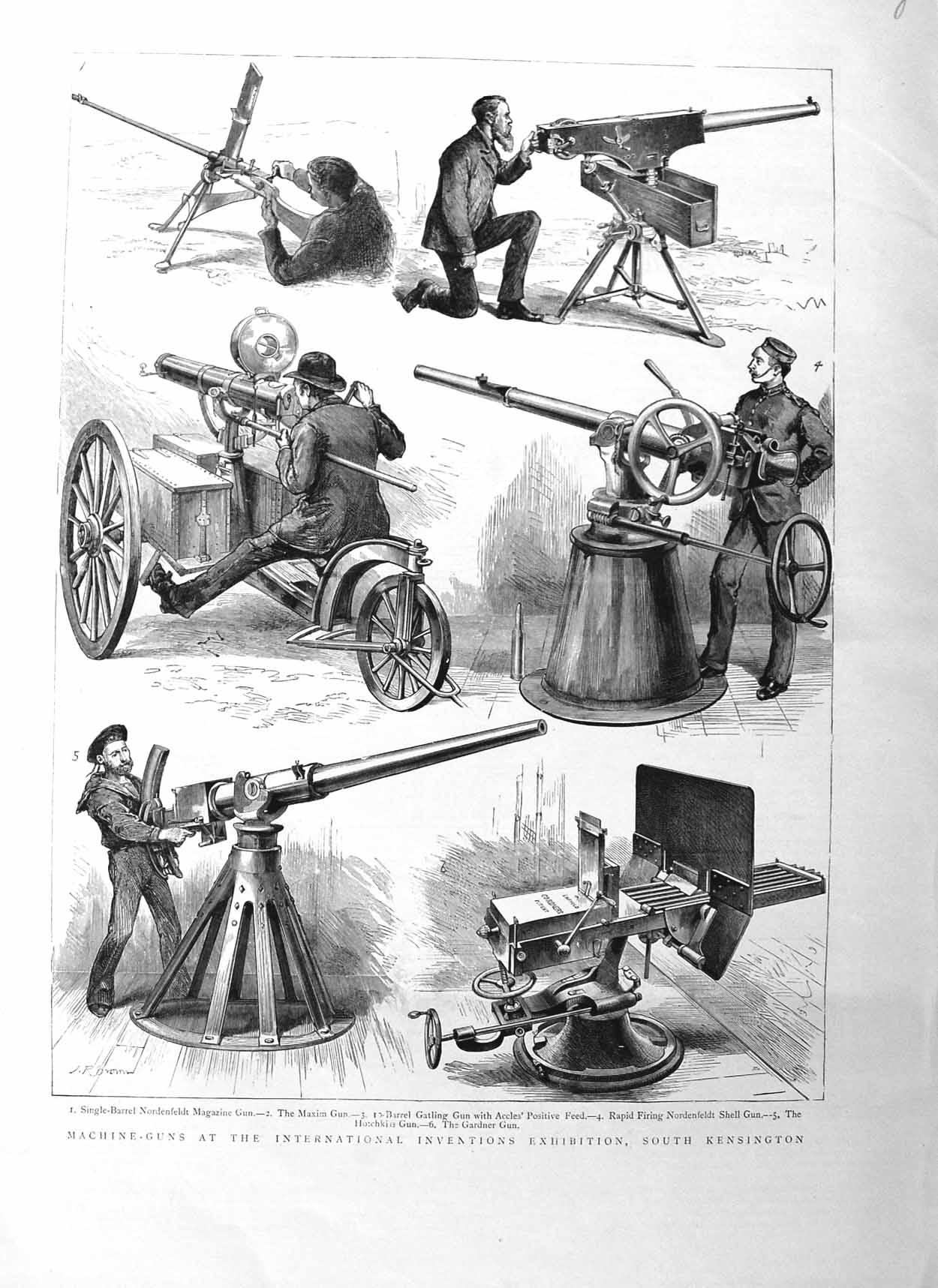 Original Old Antique Print 1885 Machine Guns Exhibition Kensington Nordenfeldt
