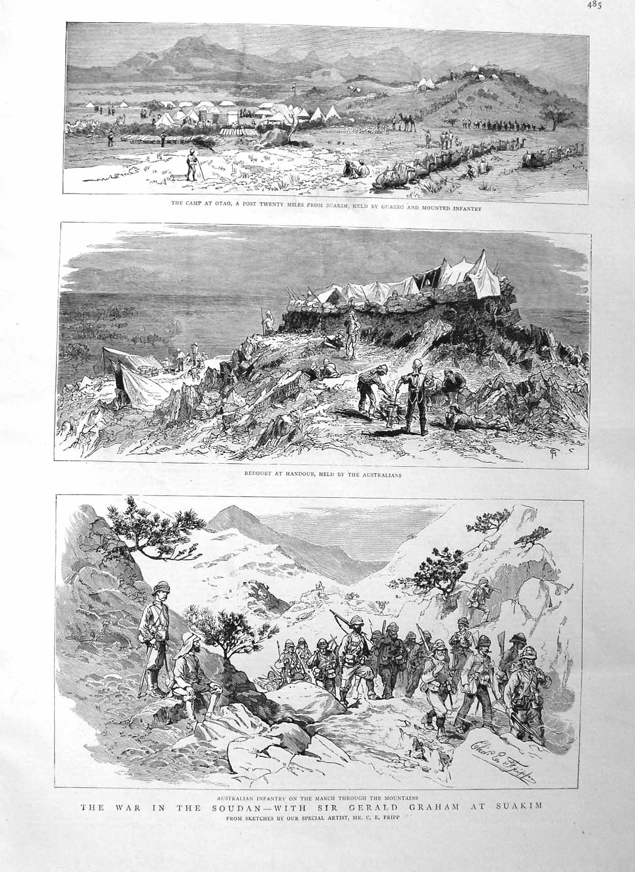 Original Old Antique Print 1885 War Soudan Australian Army Mountains Camp Otao