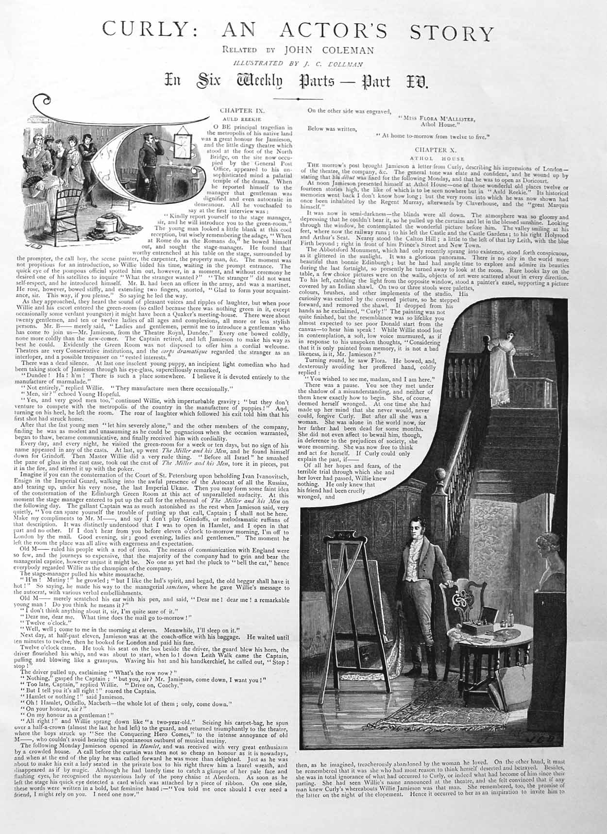 Original Old Antique Print 1885 Illustration Story Curly Man Art Painting House