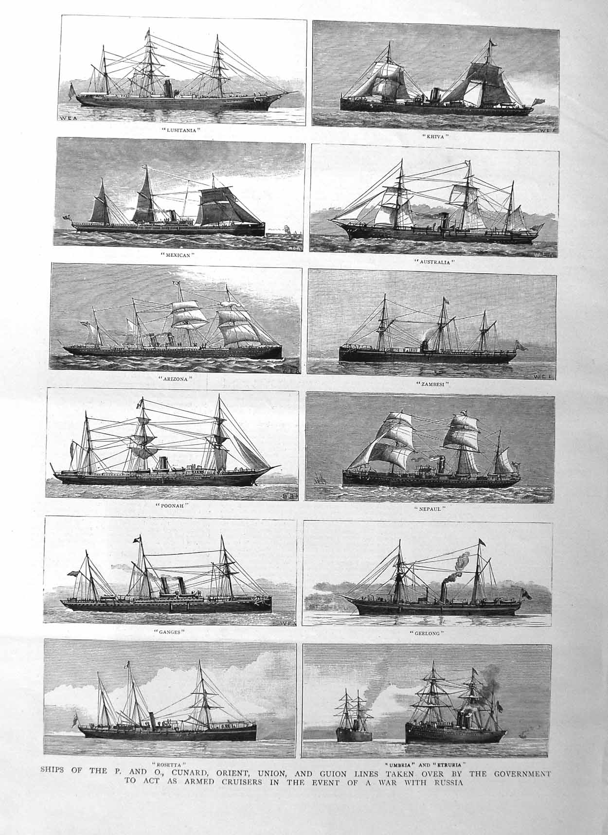 Original Old Antique Print 1885 P & O Cunard Orient Ganges Mexican Nepual Ships