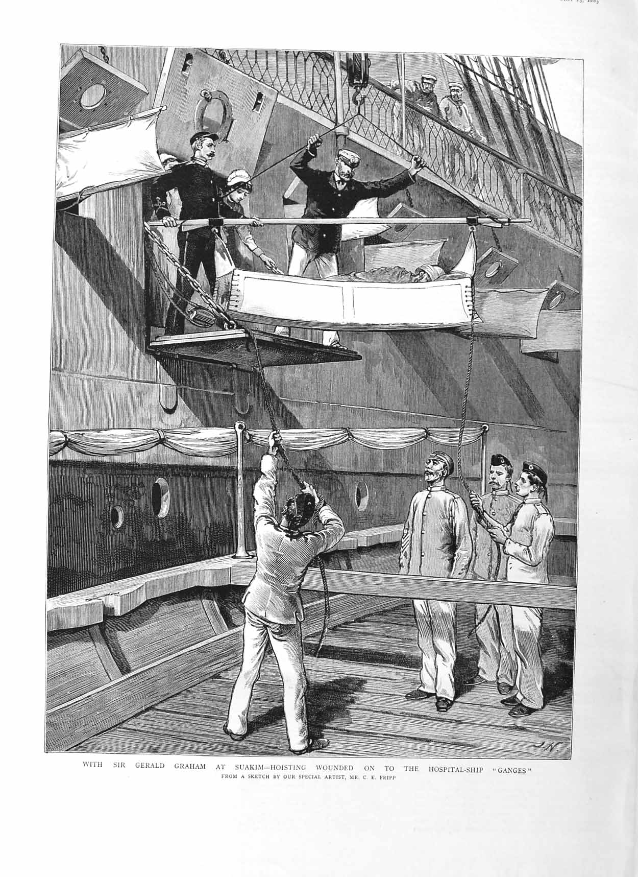 Old Antique Print 1885 Sir Gerald Graham Suakim Hospital Ship Ganges War 19th