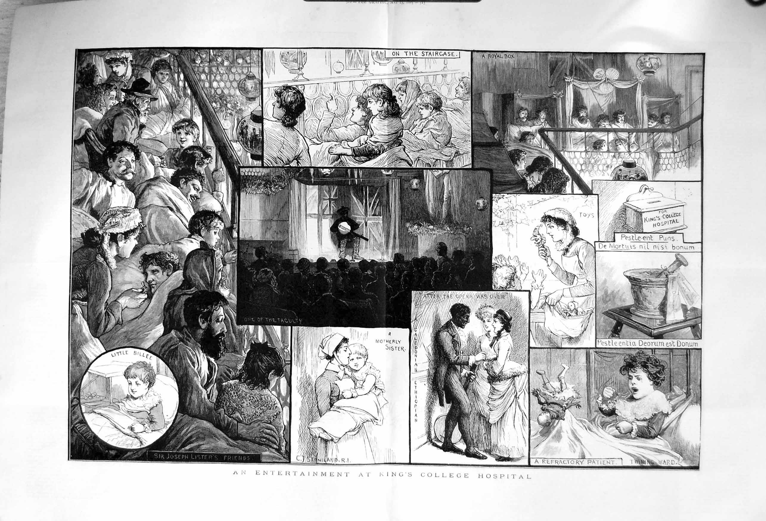 Original Old Antique Print 1885 Entertainment King'S College Hospital Victorian