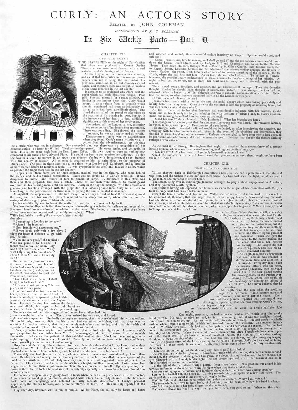 Old Antique Print 1885 Illustration Story Crly Theatre Man Woman Romance 19th