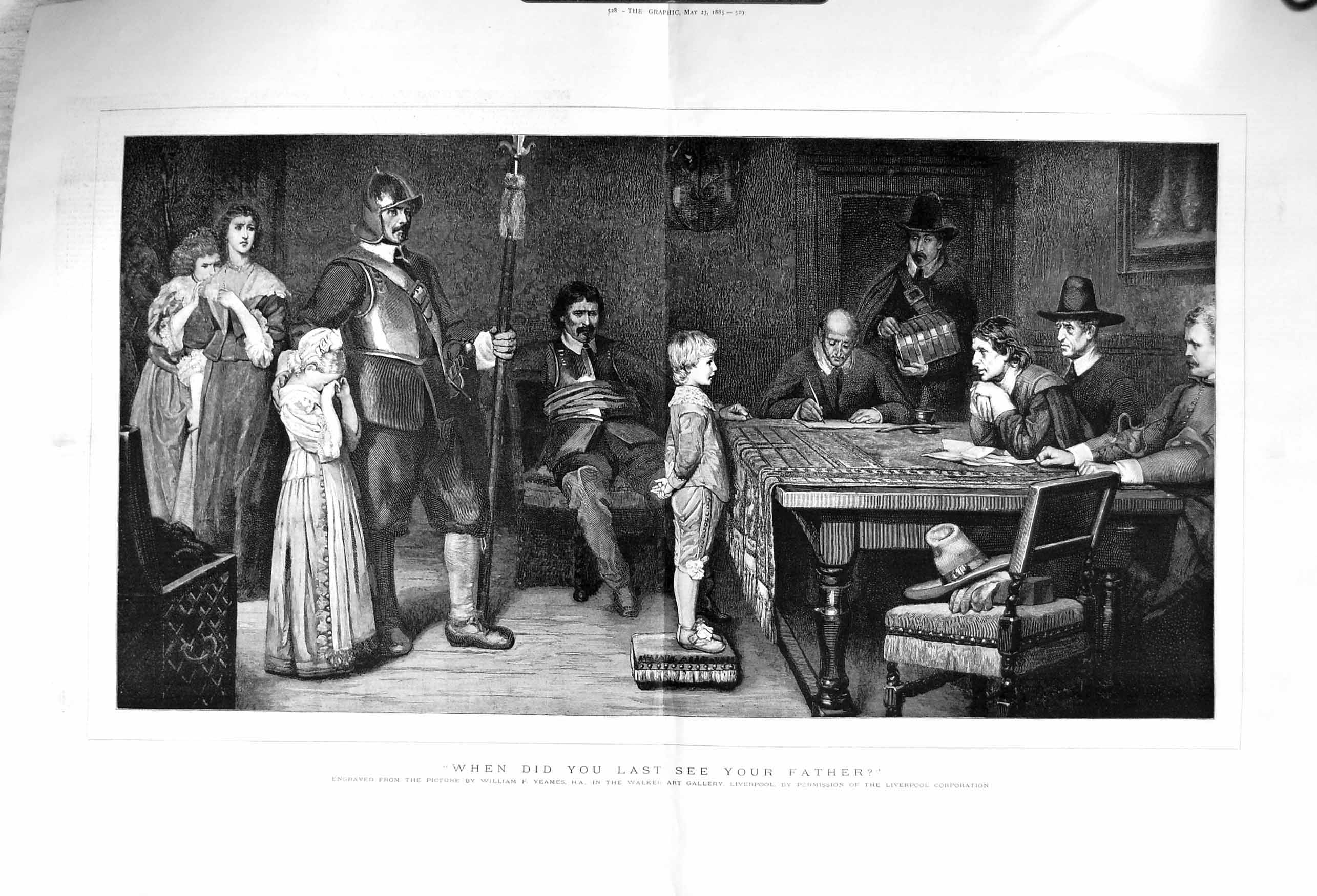 Old Antique Print 1885 Walker Art Gallery Little Boy Men Table Meeting 19th