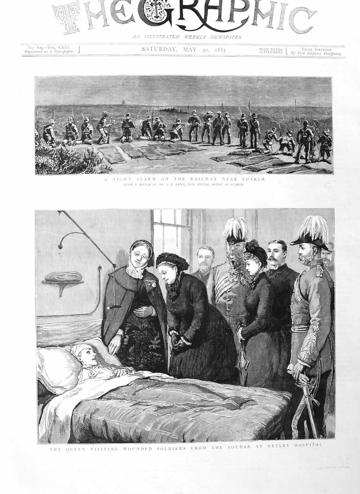 Original Old Antique Print 1885 Railway Suakim Queen Siers Netley Hospital War