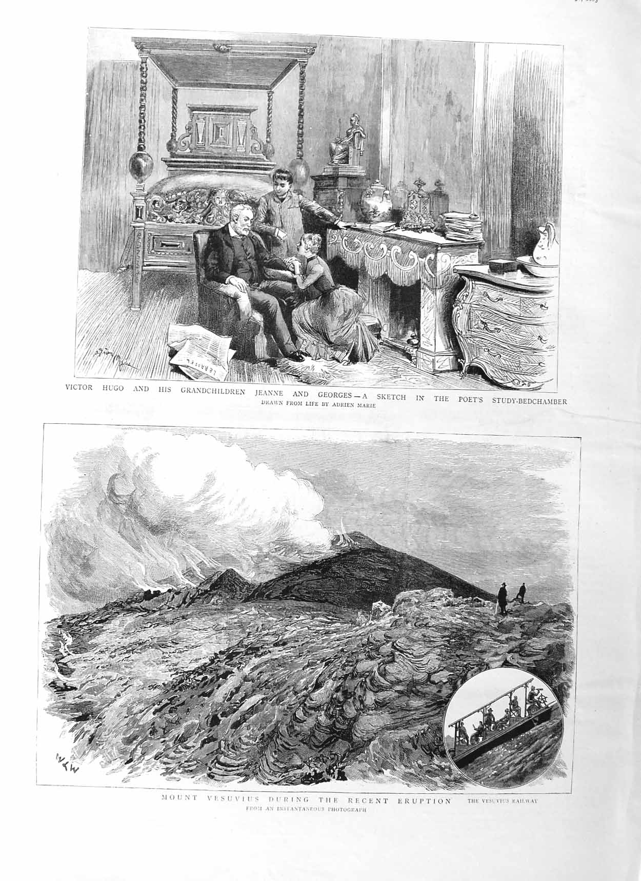 Original Old Antique Print 1885 Victor Hugo Poet Bedroom Mount Vesuvius Volcano