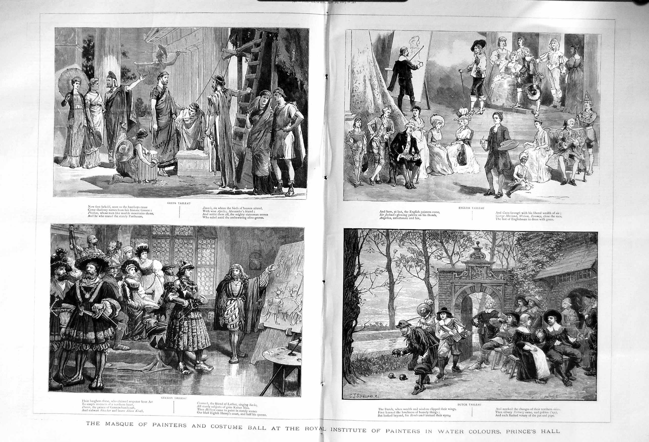 Old Antique Print 1885 Masque Painters Costume Ball Tableau Greek Dutch 19th