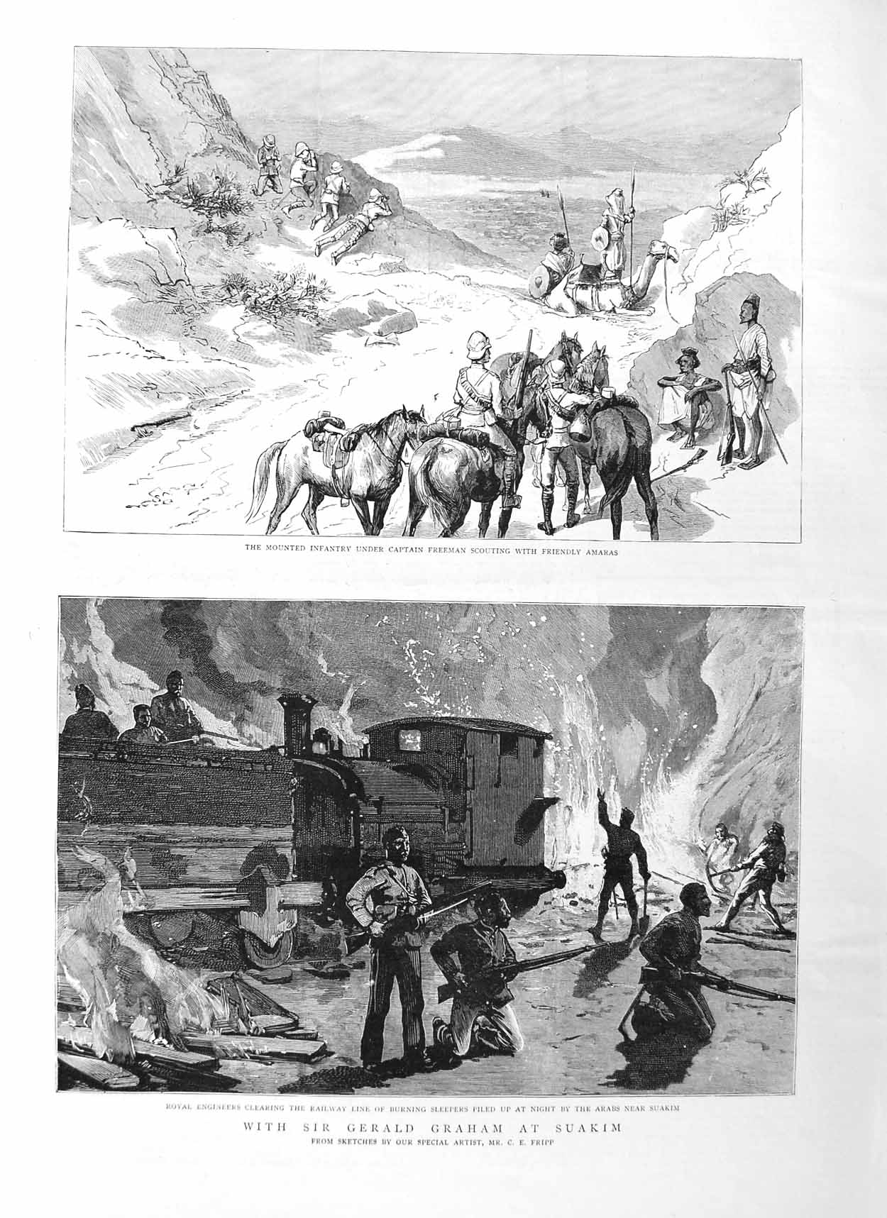 Original Old Antique Print 1885 Graham Suakim War Train Freeman Amaras Arabs