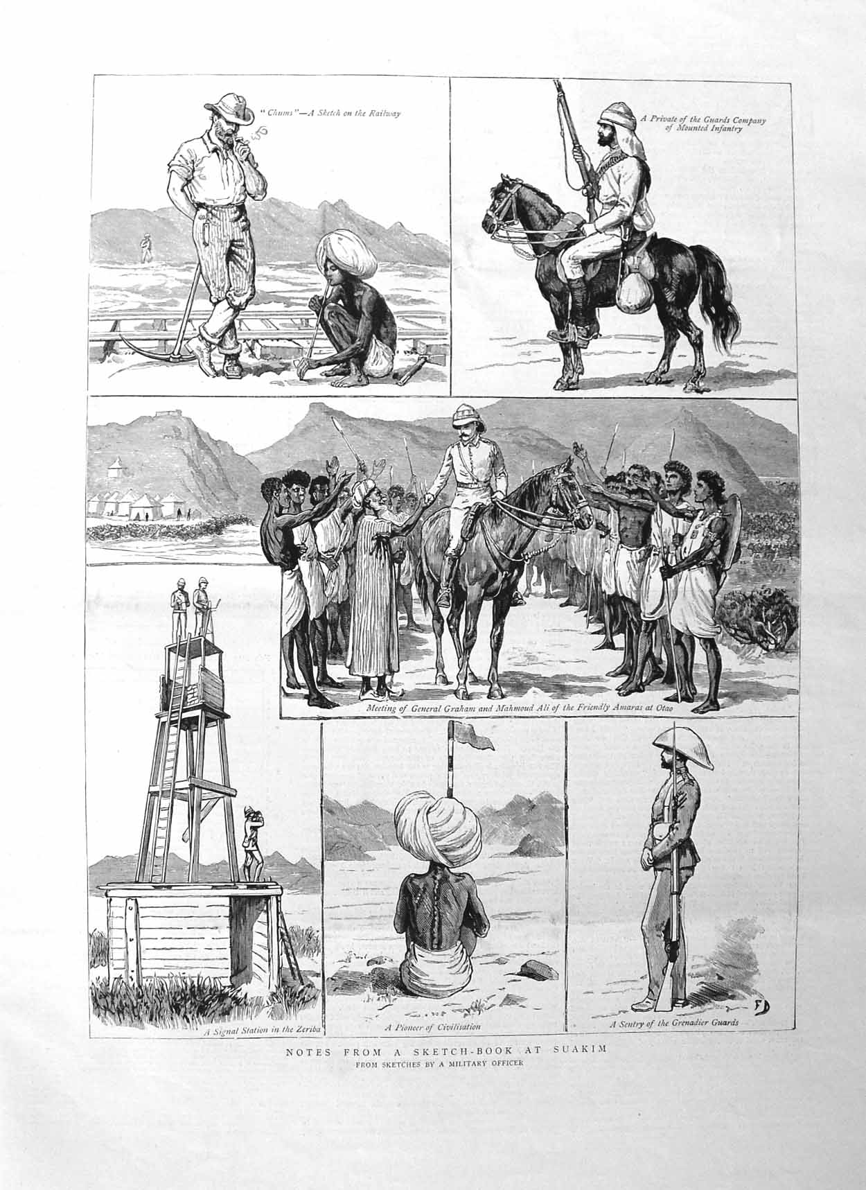 Old Antique Print 1885 Suakim War Railway Mounted Infantry Zeriba Natives 19th