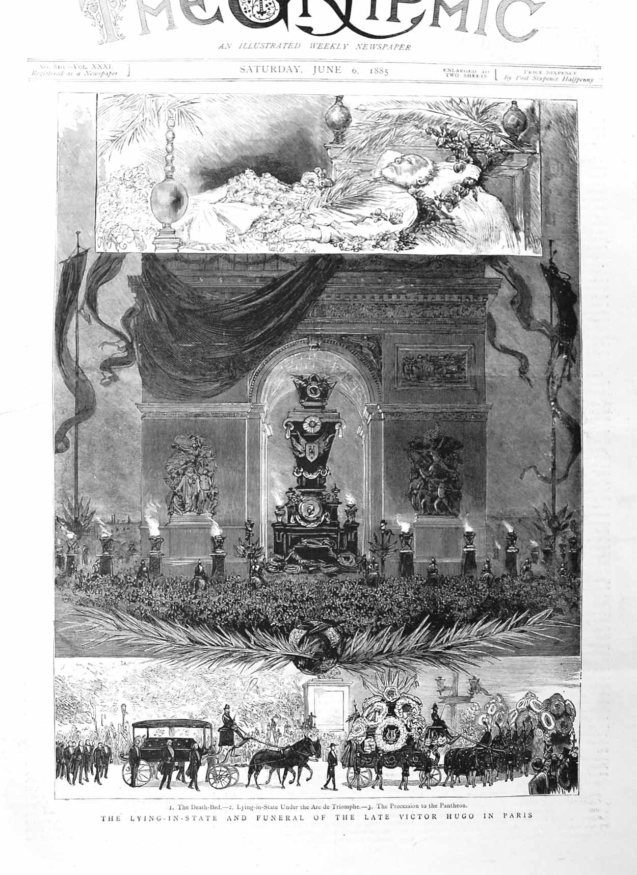 Old Antique Print 1885 Lying-In-State Funeral Victor Hugo Paris Triomphe 19th