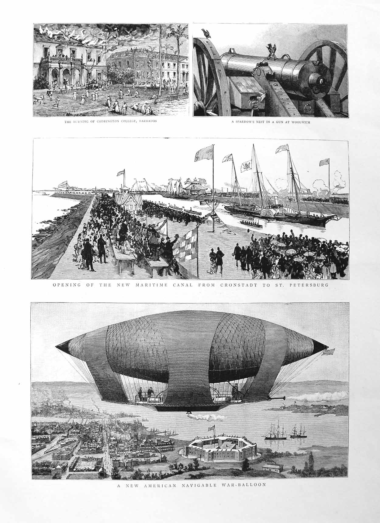 Original Old Antique Print 1885 American War Balloon Canal Cronstadt Woolw 19th
