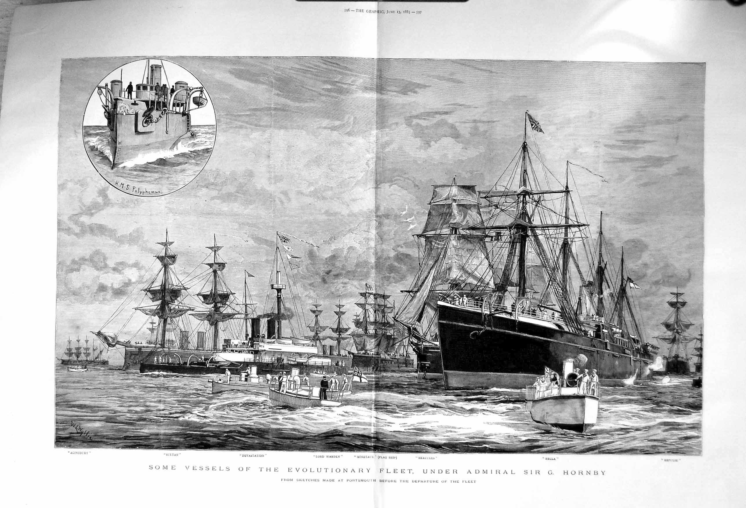 Old Antique Print 1885 Ships Admiral Hornby Hercules Hecla Lord Warden 19th