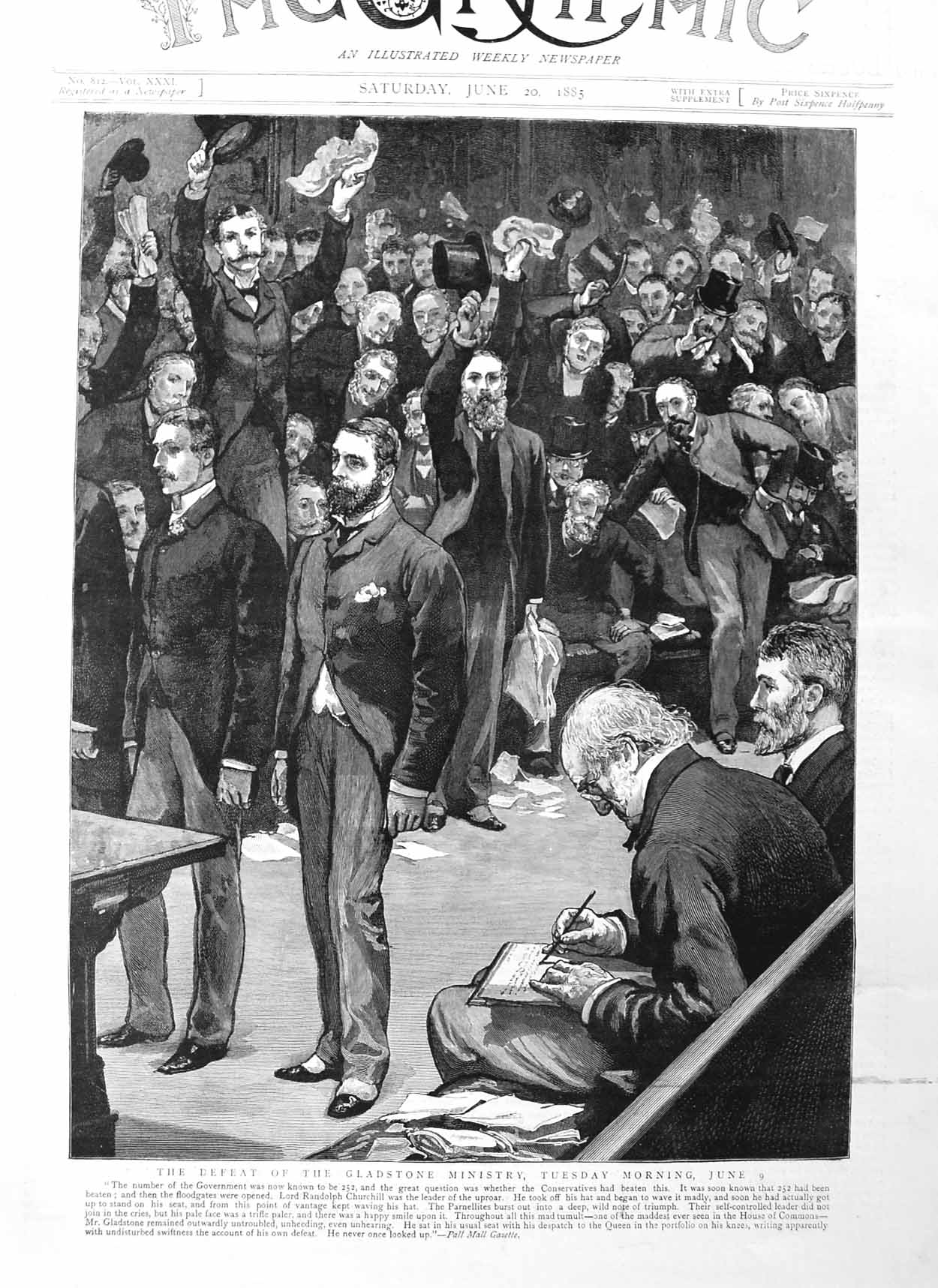 Old Antique Print 1885 Government Defeat Gladstone Ministry House Commons 19th
