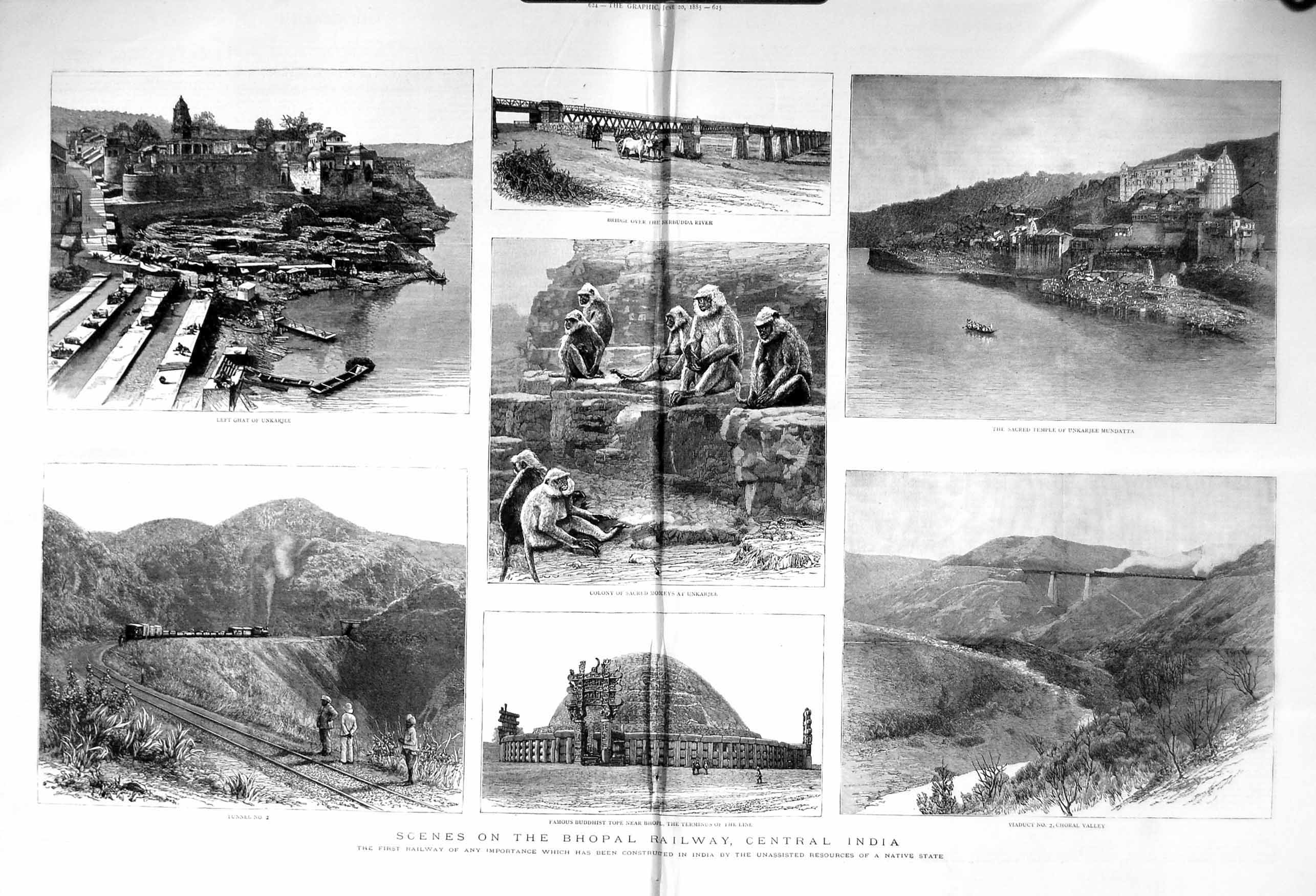 Old Antique Print 1885 Bhopal Railway India Buddhist Tope Sacred Monkeys 19th