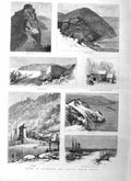 Original Old Antique Print 1885 Lynmouth Lynton Devon Beach Castle Rock Church
