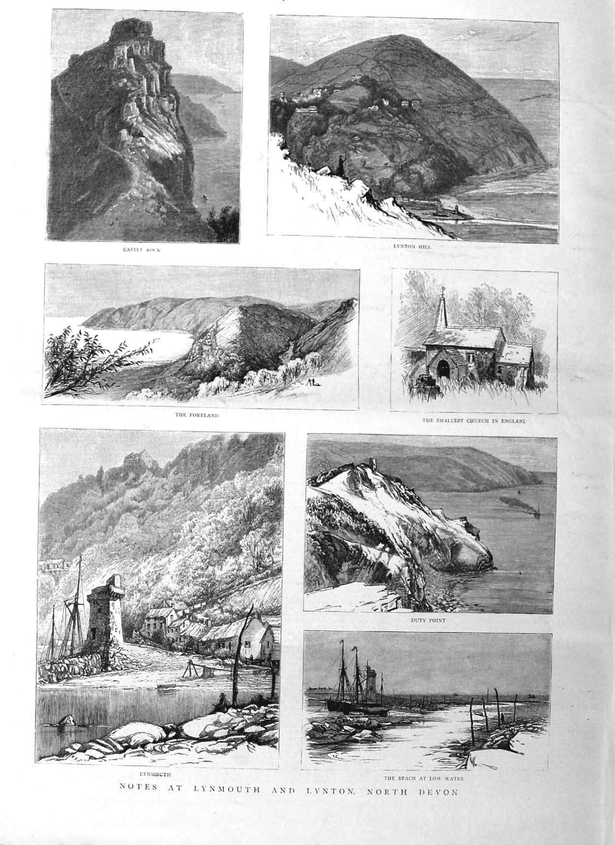 Original Old Antique Print 1885 Lynmouth Lynton Devon Beach Castle Rock Church