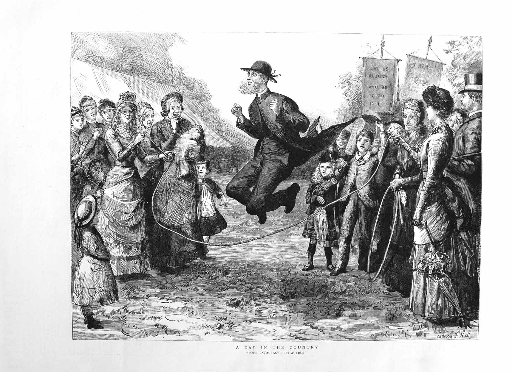 Old Antique Print 1885 Day Out Country Man Skipping Priest Children Art 19th