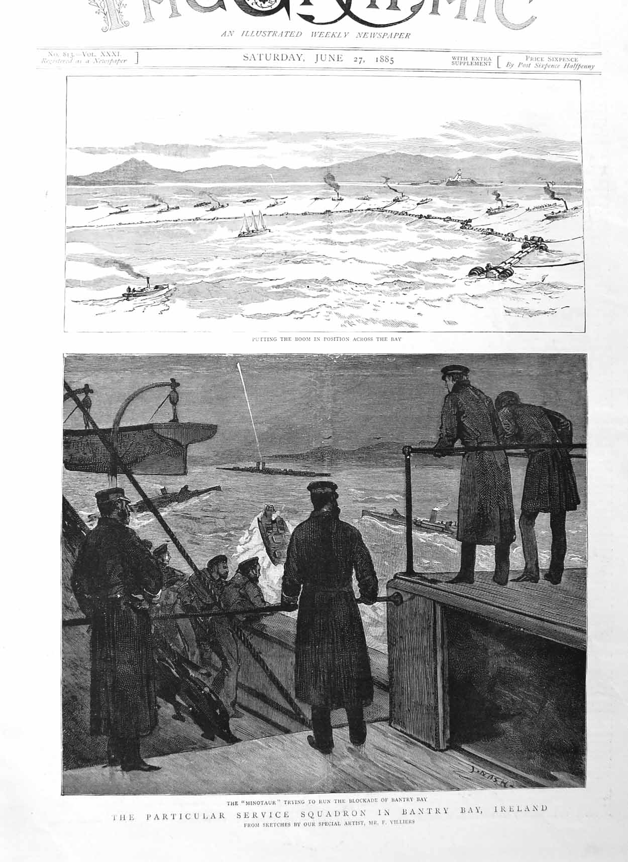 Old Antique Print 1885 Bantry Bay Ireland Minotaur Ship Blockade Sailors 19th