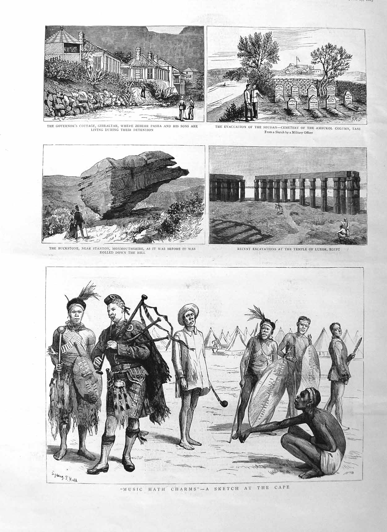 Original Old Antique Print 1885 Sier Bagpipes Cape Gibraltar Soudan Egypt War