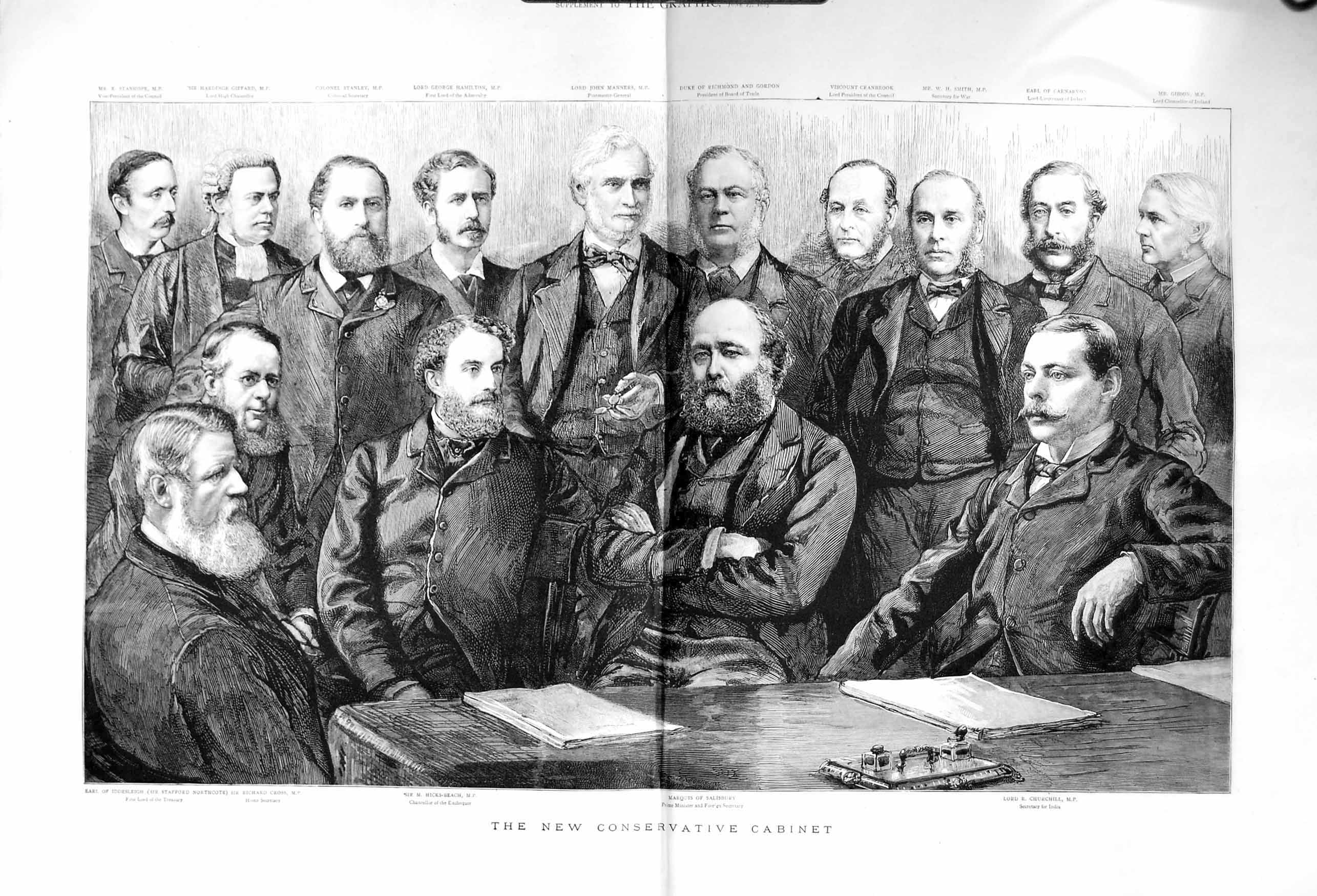 Antique Old Print 1885 Conservative Cabinet Salisbury Churchill Cross Men 19th