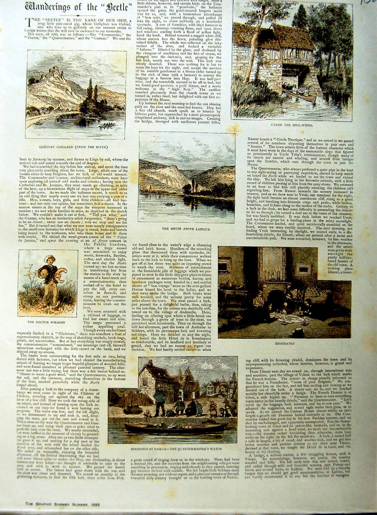 Old Antique Print 1885 Boat Moorings Namur Chateau Gaillard Weir Chokier 19th
