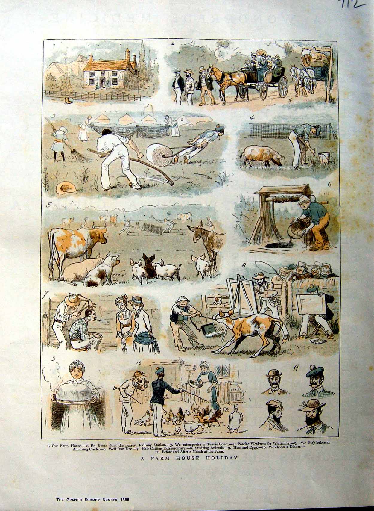 Original Old Antique Print 1885 Colour Farm Animals Water Well Sport Men 19th